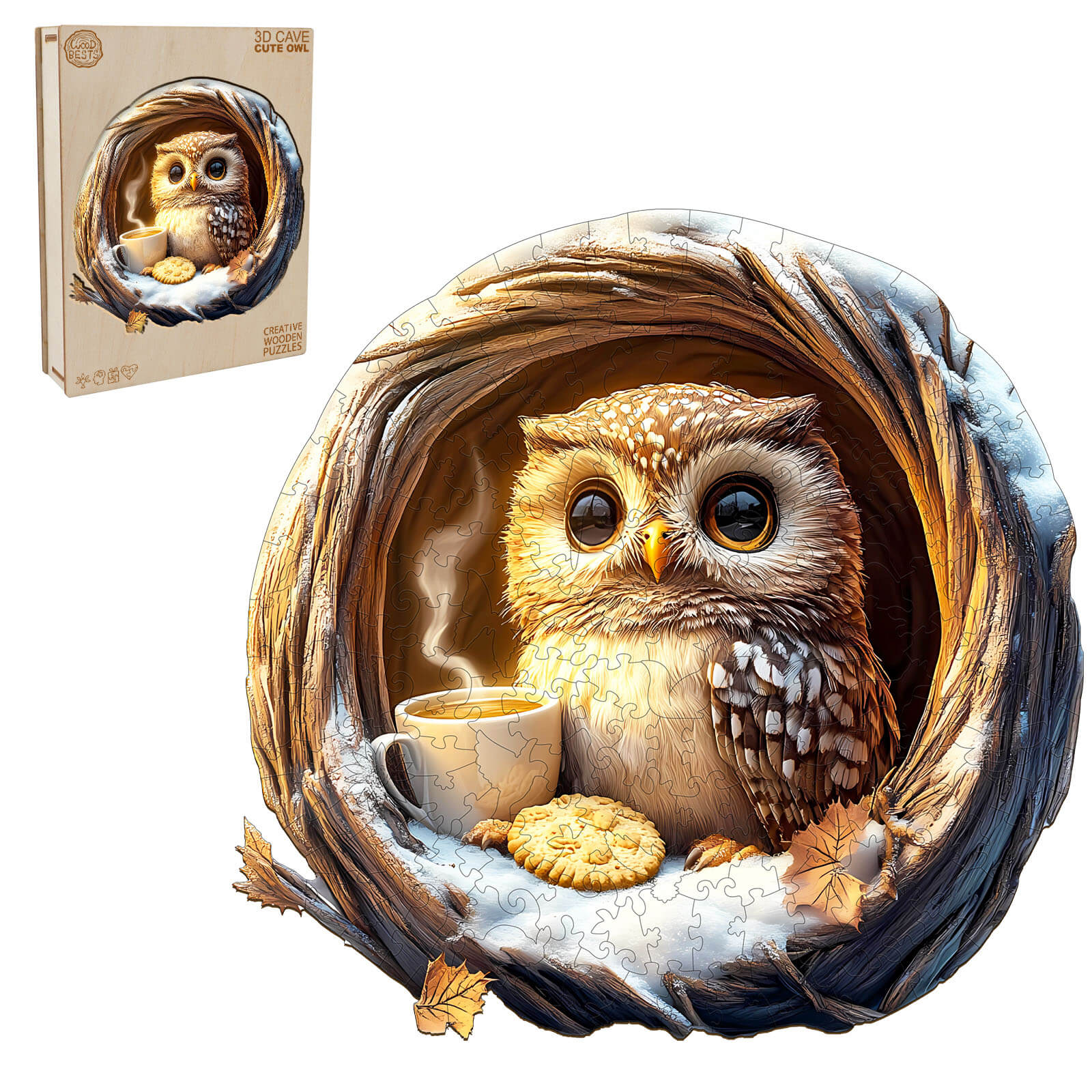 3D Cave Cute Owl Wooden Jigsaw Puzzle - Image 4