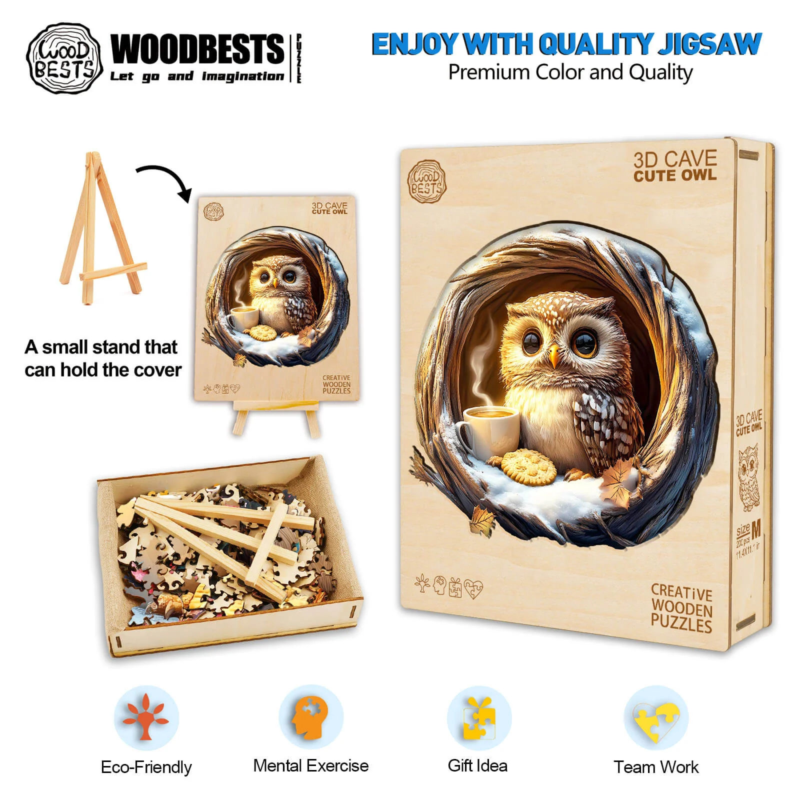 3D Cave Cute Owl Wooden Jigsaw Puzzle - Image 6