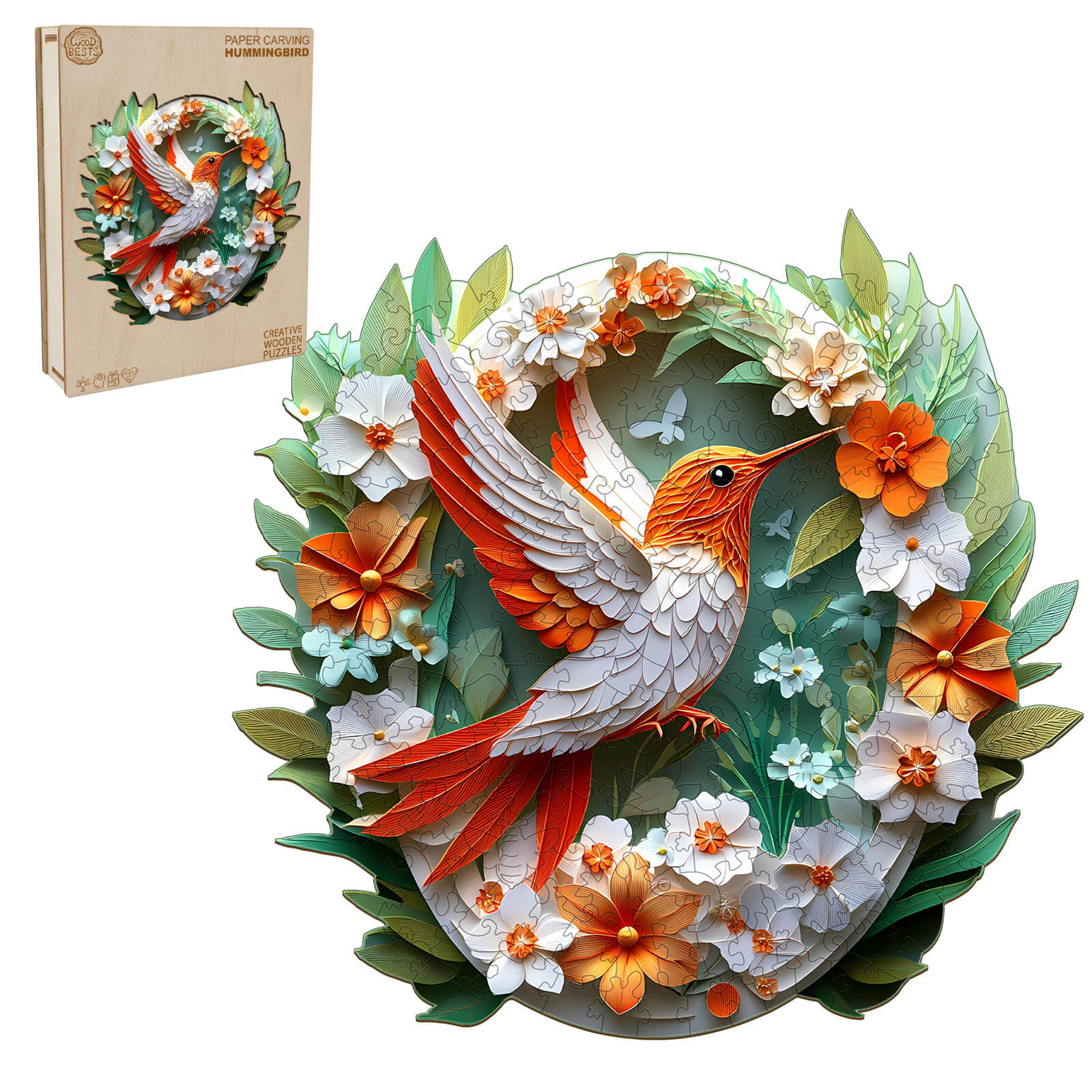 3D Colored Paper Carving Hummingbird Wooden Jigsaw Puzzle - Image 4