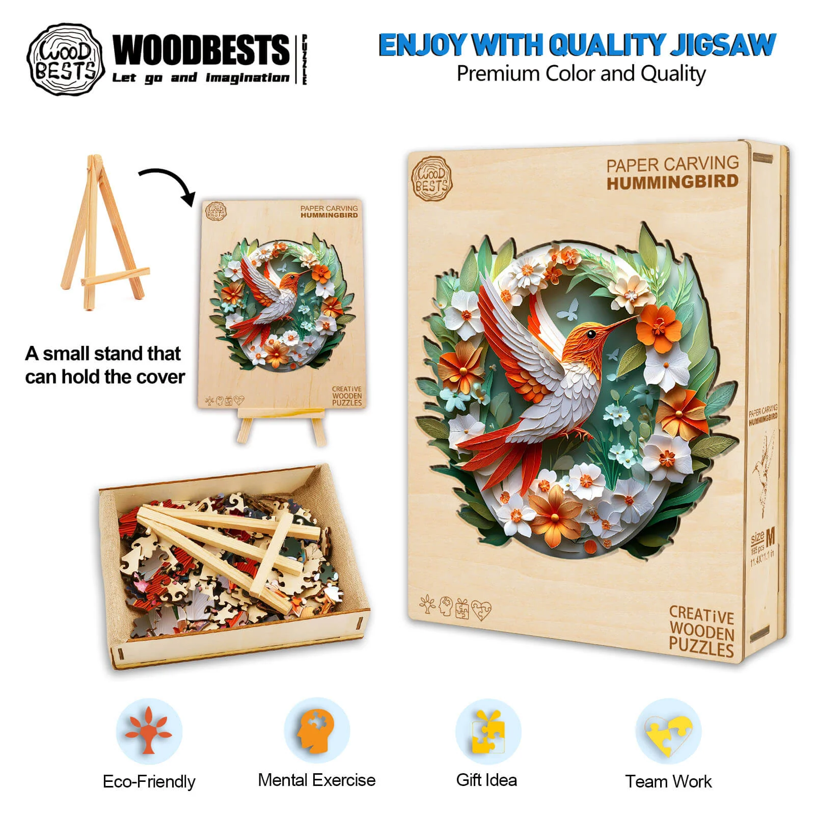 3D Colored Paper Carving Hummingbird Wooden Jigsaw Puzzle - Image 6