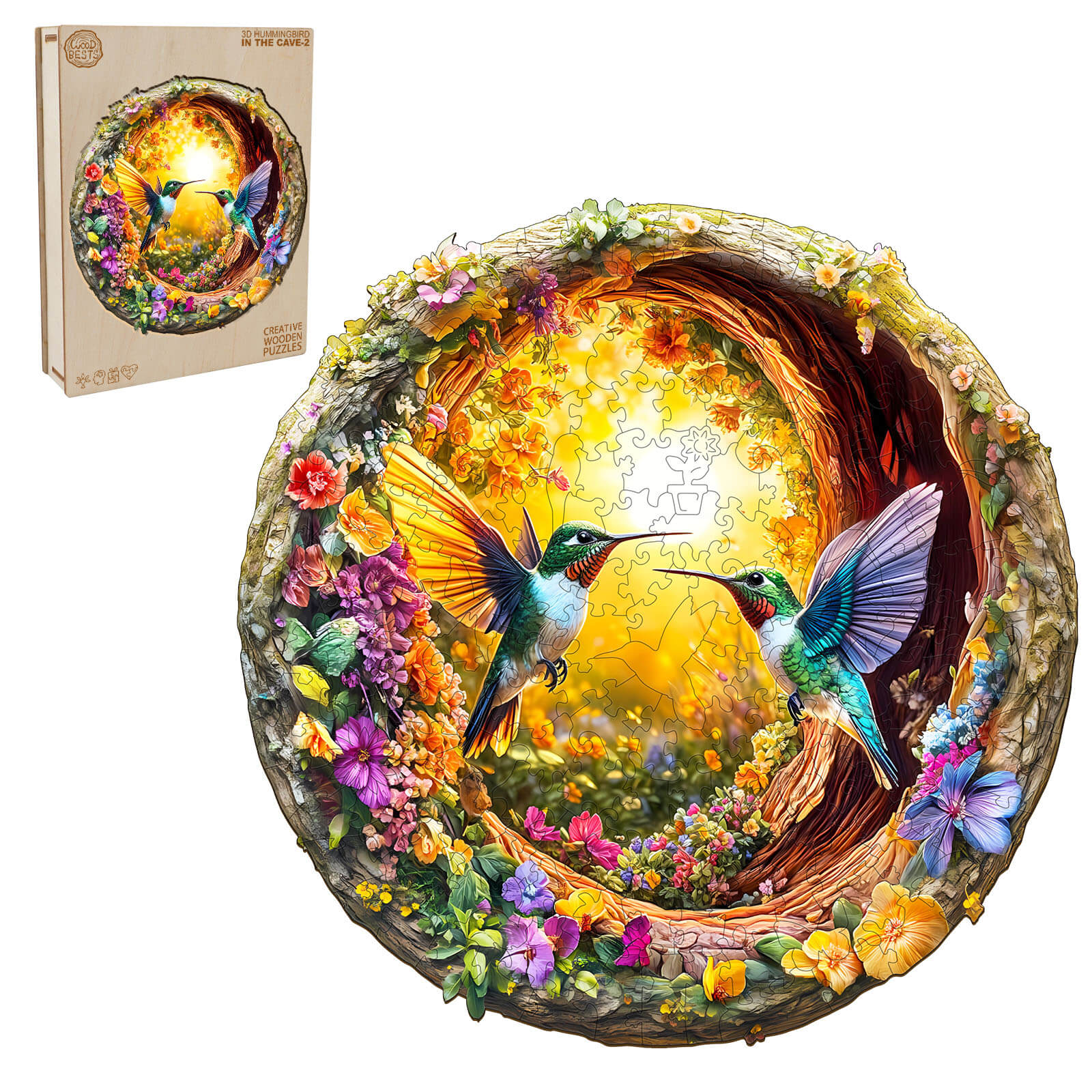 3D Hummingbird in the Cave-2 Hummingbird Wooden Jigsaw Puzzle - Image 4