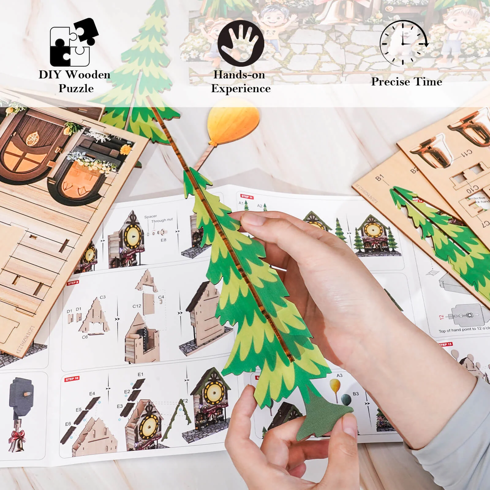Balloon Cabin – DIY Wooden Clock, 3D Puzzle Craft Kit - Image 3