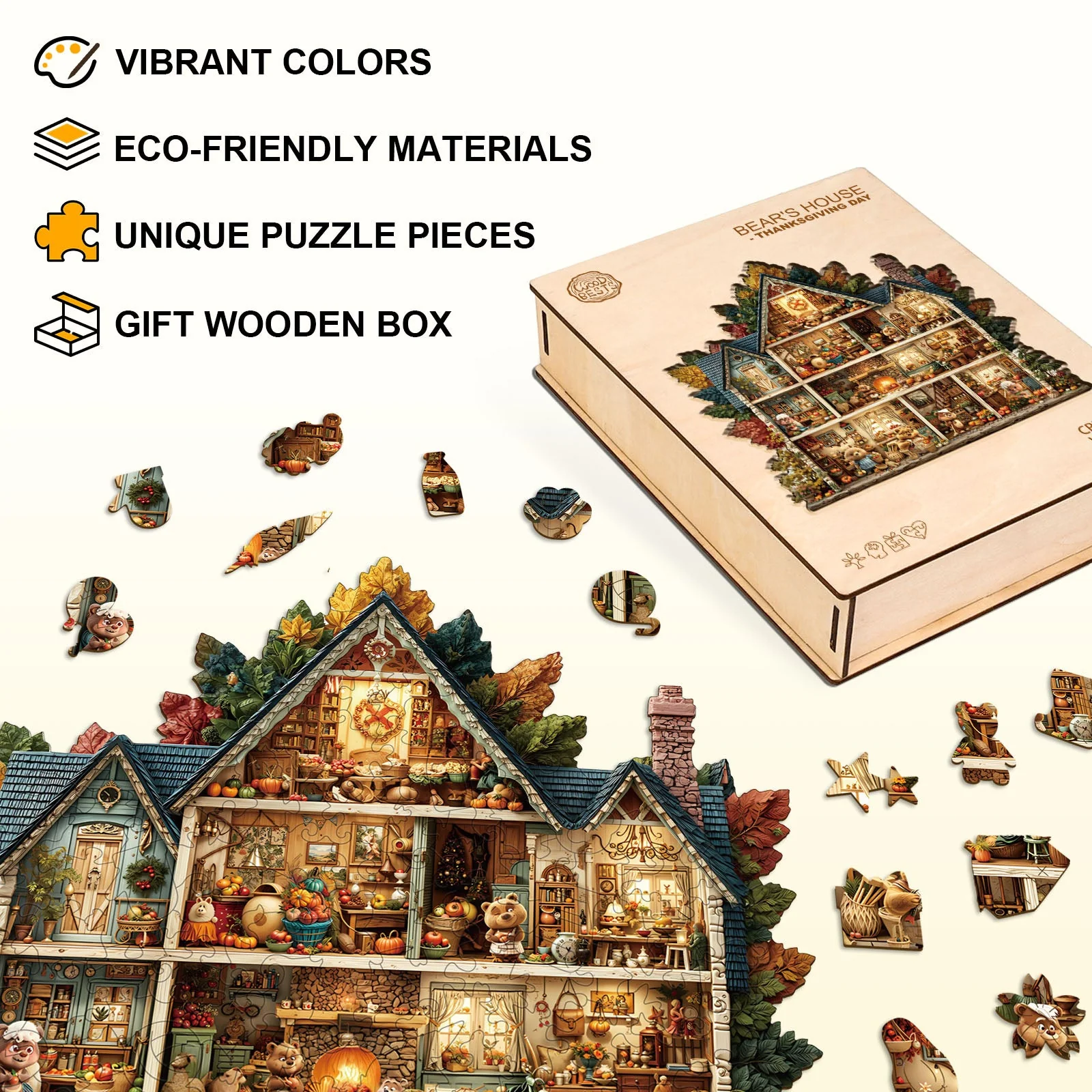 Bear's House - Thanksgiving Day Wooden Jigsaw Puzzle - Image 2