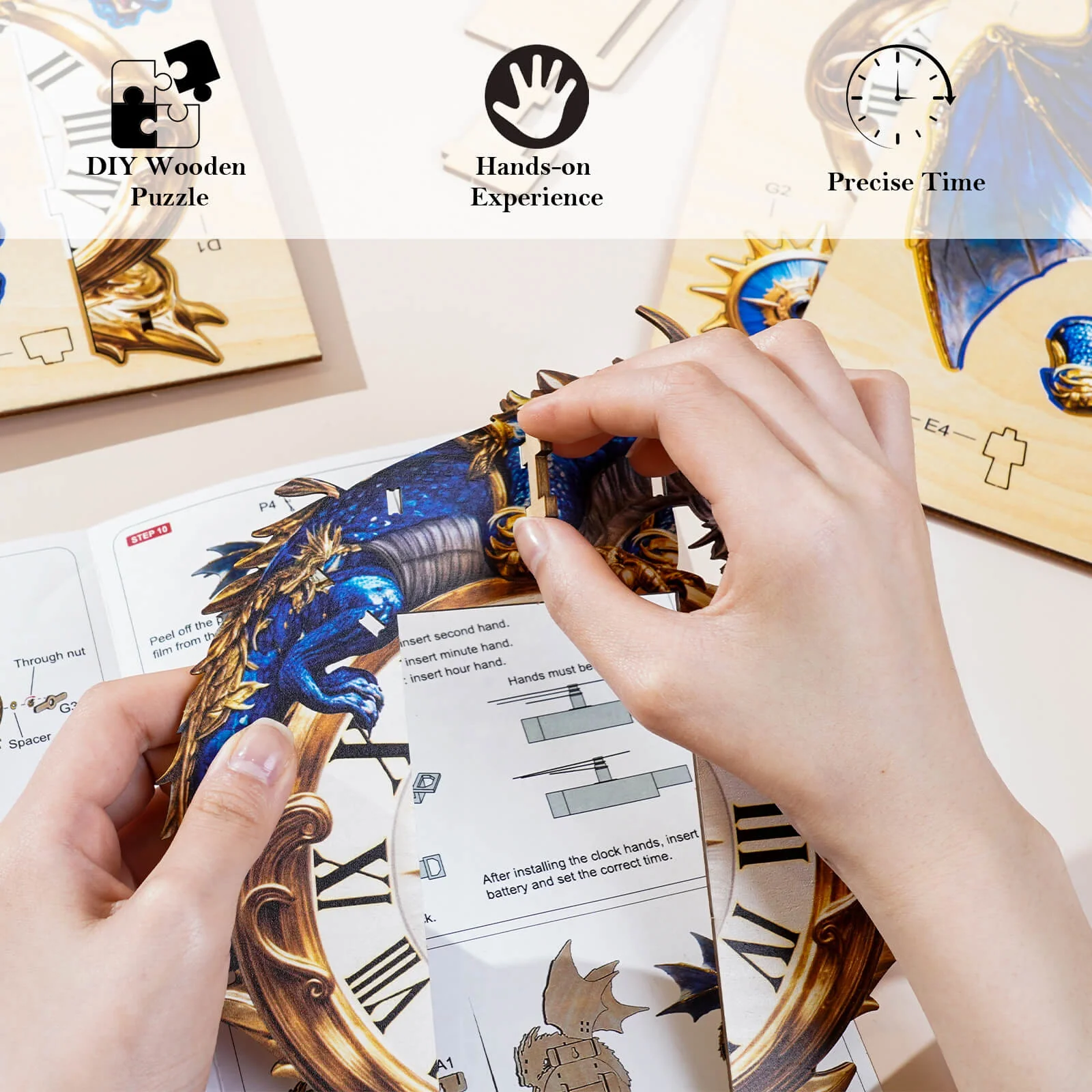 Blue Dragon-DIY Wooden Clock, 3D Puzzle Craft Kit - Image 3