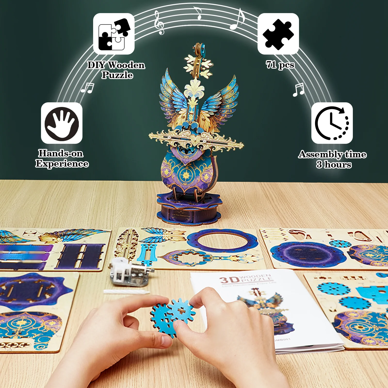 Blue Feather Cello– DIY Wooden Music Box, 3D Puzzle Craft Kit - Image 3
