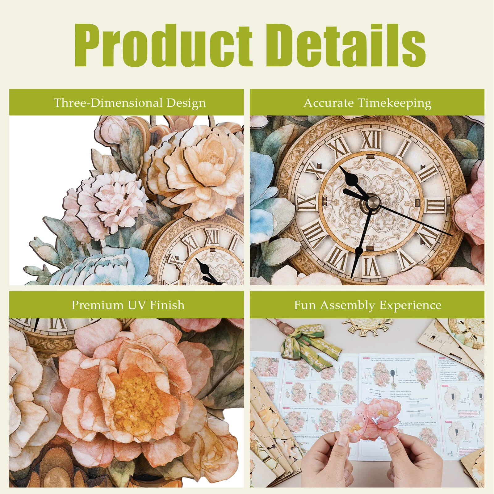 Bouquet– DIY Wooden Clock, 3D Puzzle Craft Kit - Image 3