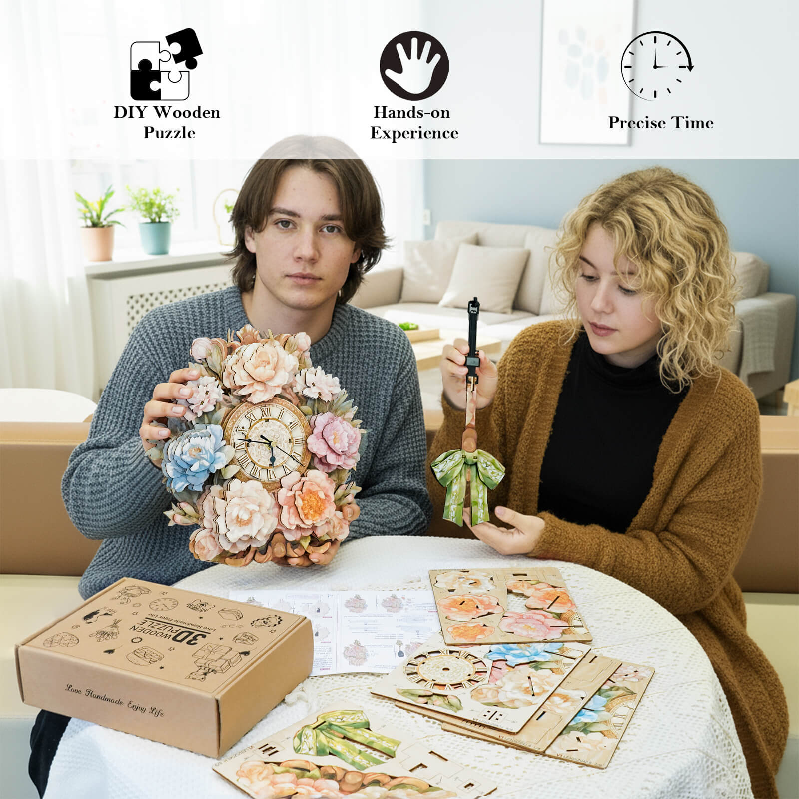 Bouquet– DIY Wooden Clock, 3D Puzzle Craft Kit - Image 6