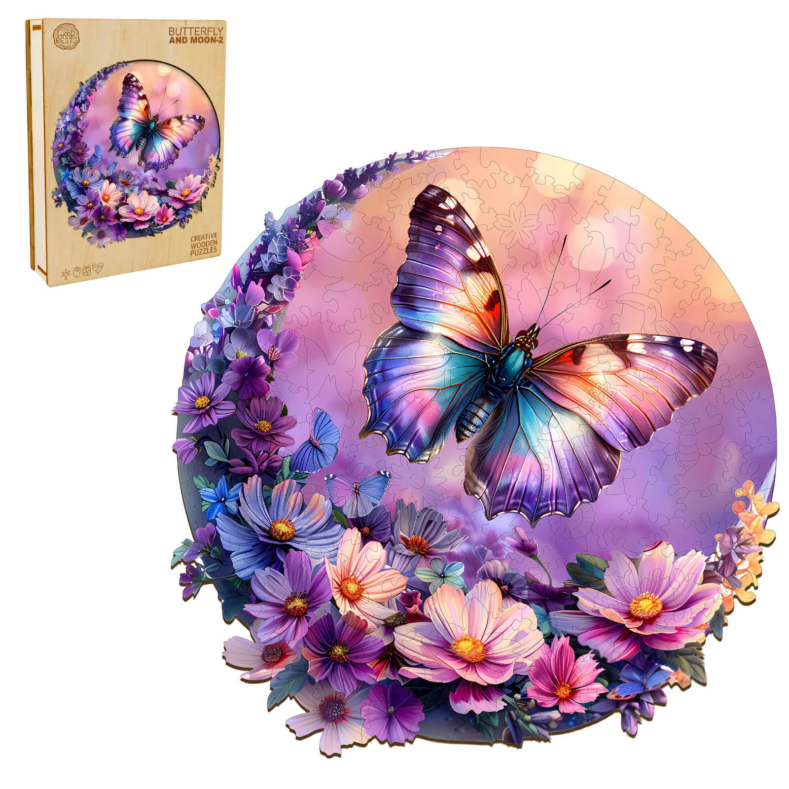 Butterfly and Moon-2 Wooden Jigsaw Puzzle - Image 3