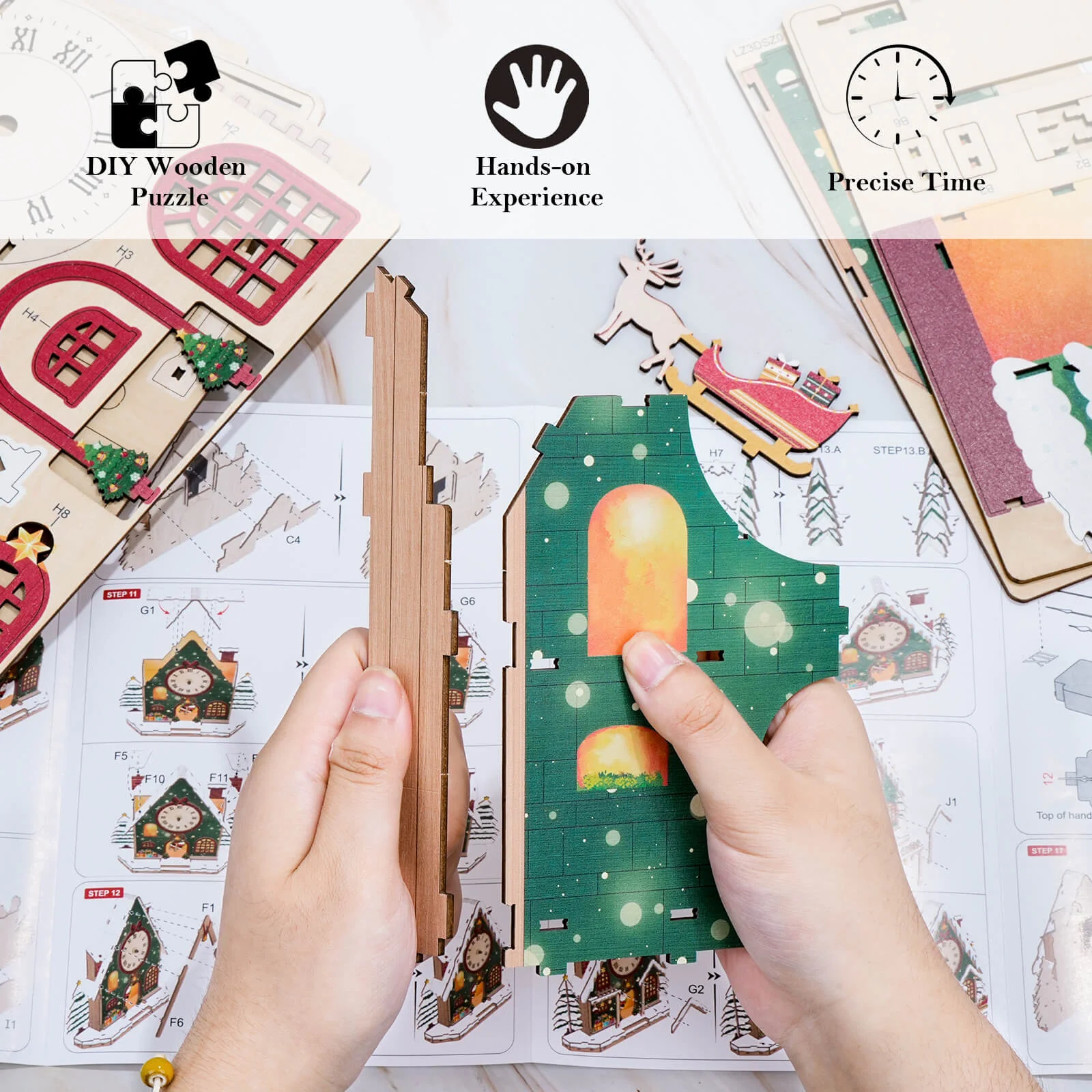 Christmas Snow House – DIY Wooden Clock, 3D Puzzle Craft Kit - Image 3
