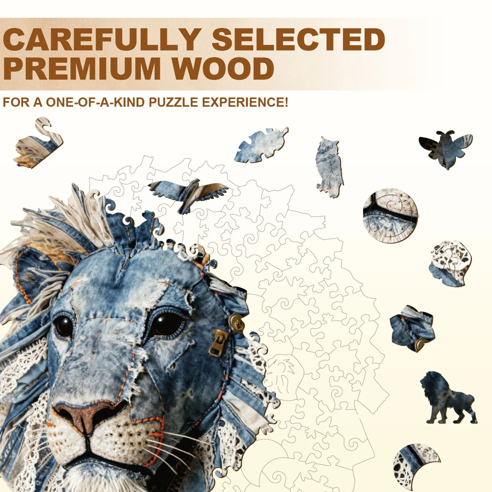 Denim Fabric Lion Wooden Jigsaw Puzzle - Image 2
