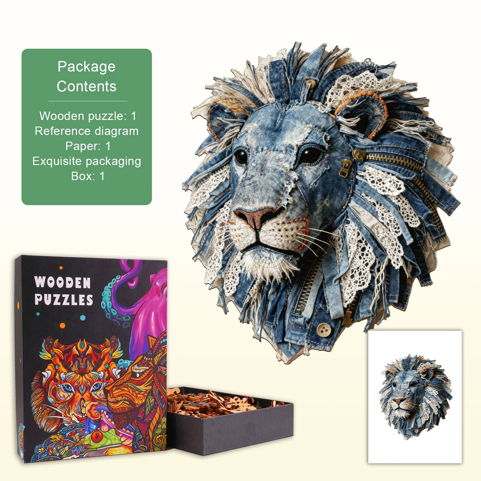 Denim Fabric Lion Wooden Jigsaw Puzzle - Image 5