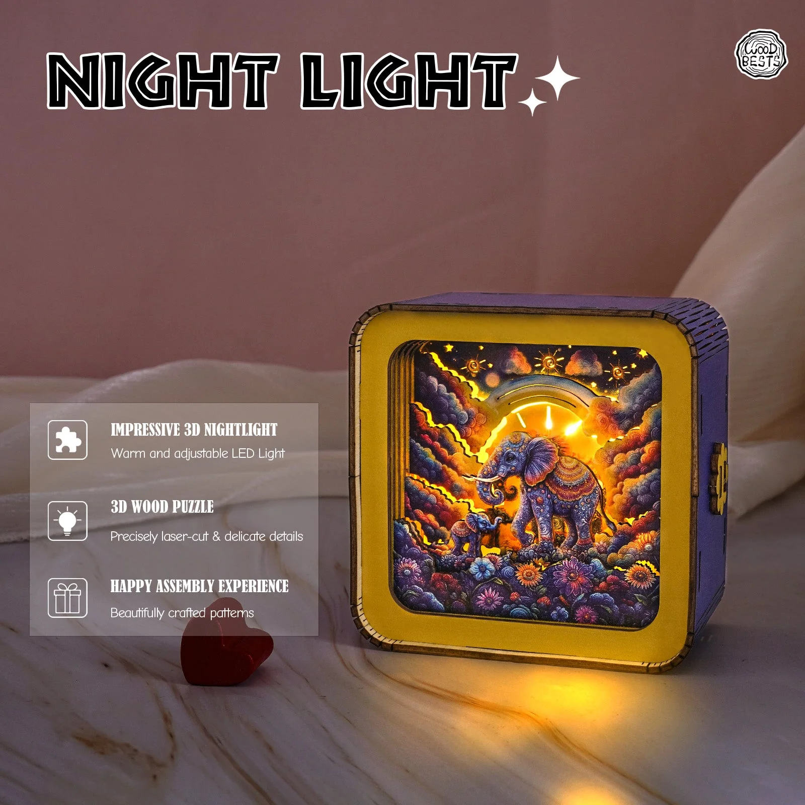 Elephant Family Time Kit- 3D Wooden Puzzle Night Light - Image 6