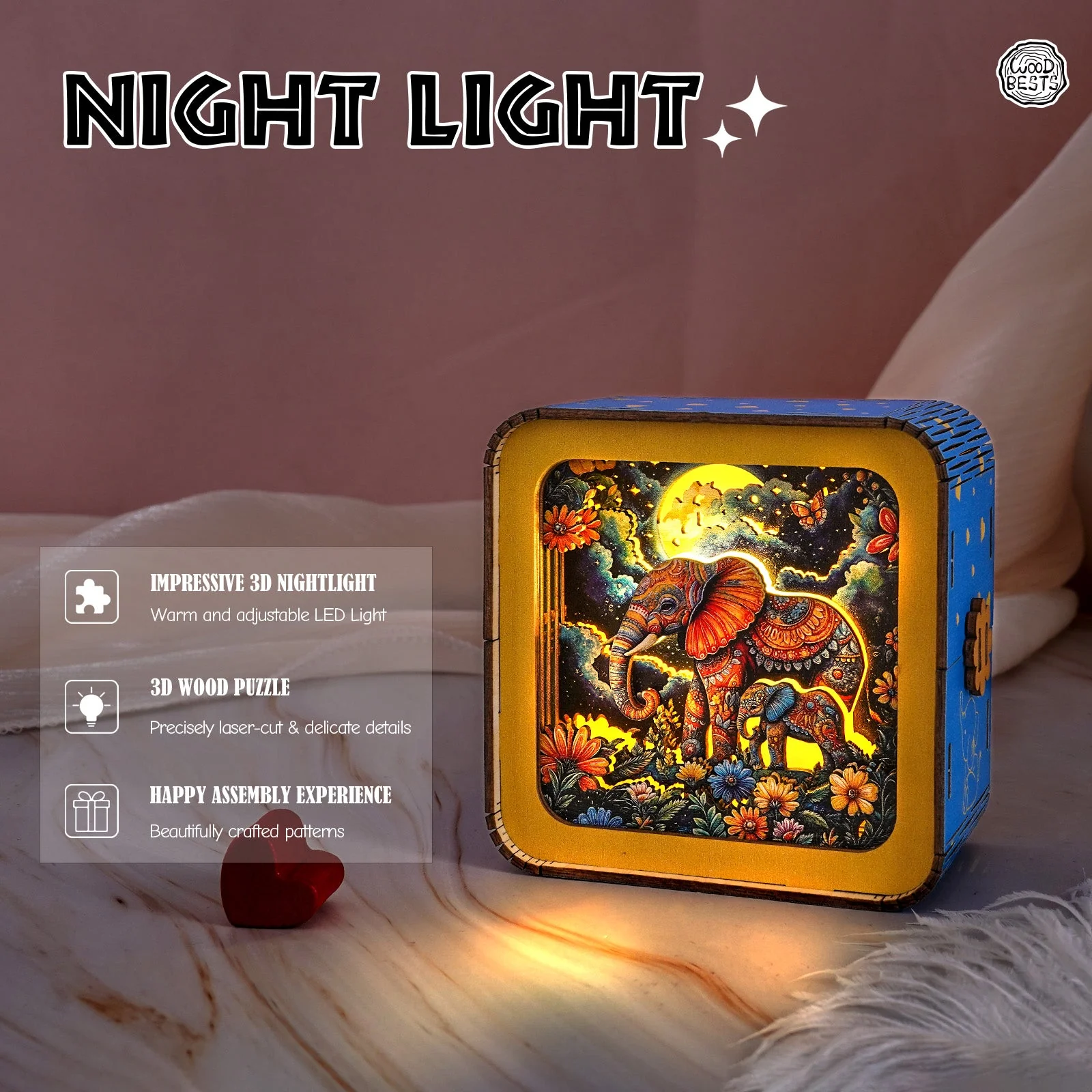 Elephant Family Under The Moon Kit- 3D Wooden Puzzle Night Light - Image 5