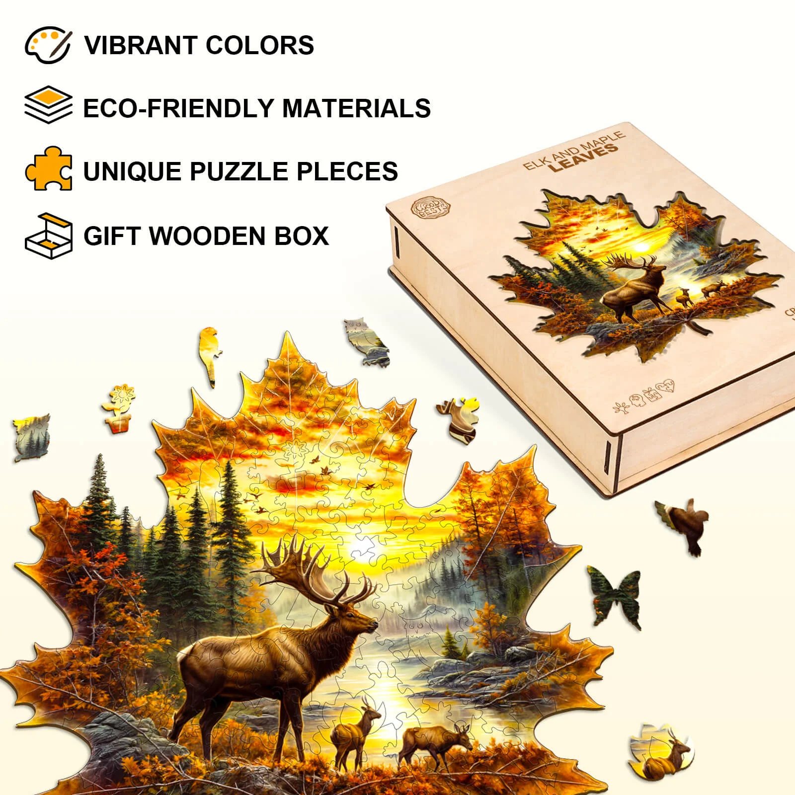 Elk and maple leaves Wooden Jigsaw Puzzle - Image 4