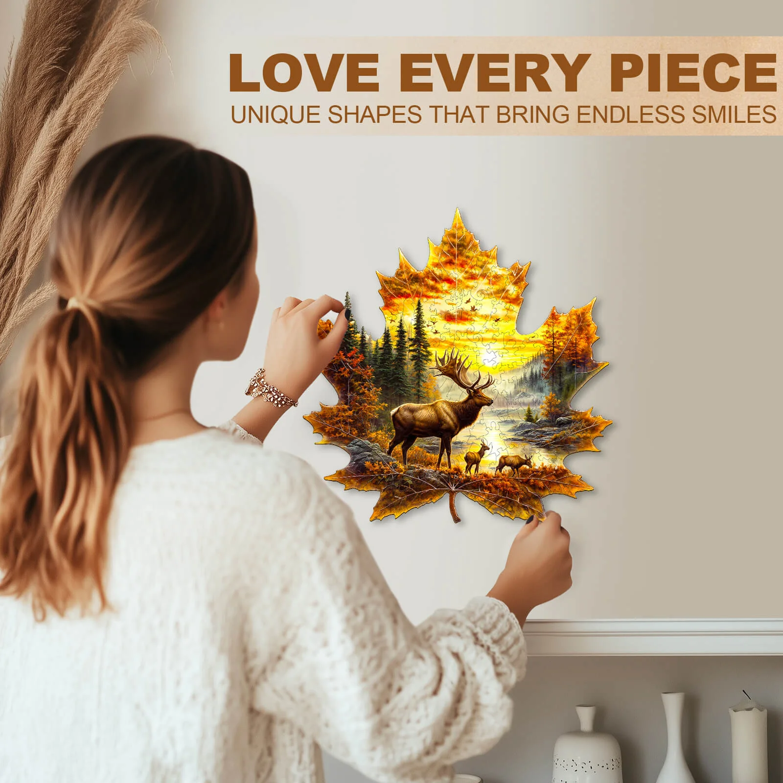 Elk and maple leaves Wooden Jigsaw Puzzle - Image 9