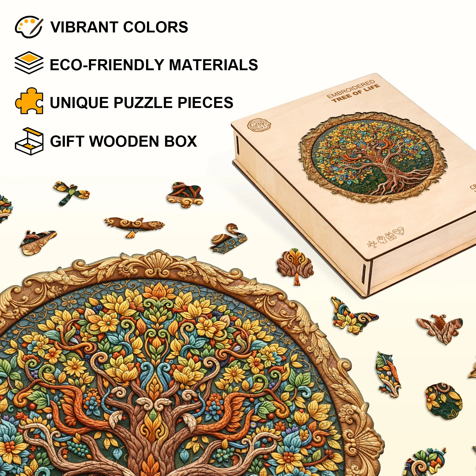 Embroidered Tree of Life Wooden Jigsaw Puzzle - Image 3
