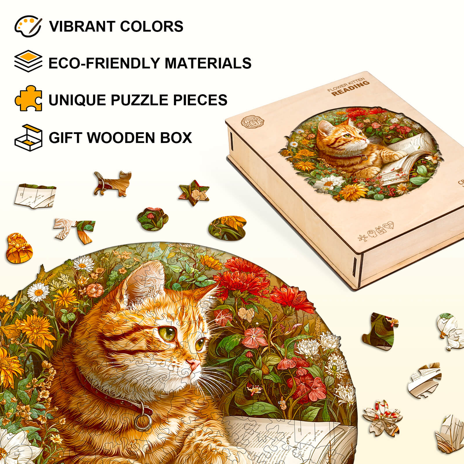 Flower Kitten Reading Wooden Jigsaw Puzzle - Image 5