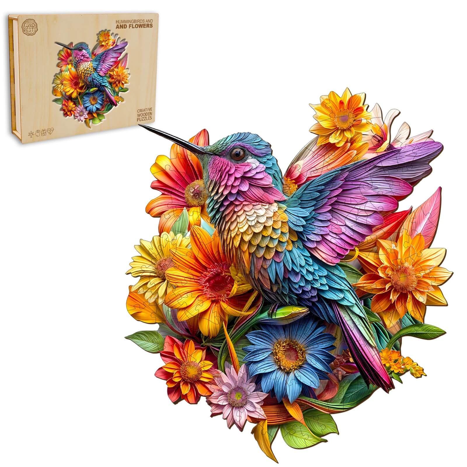 Hummingbird and Flowers Wooden Jigsaw Puzzle - Image 3