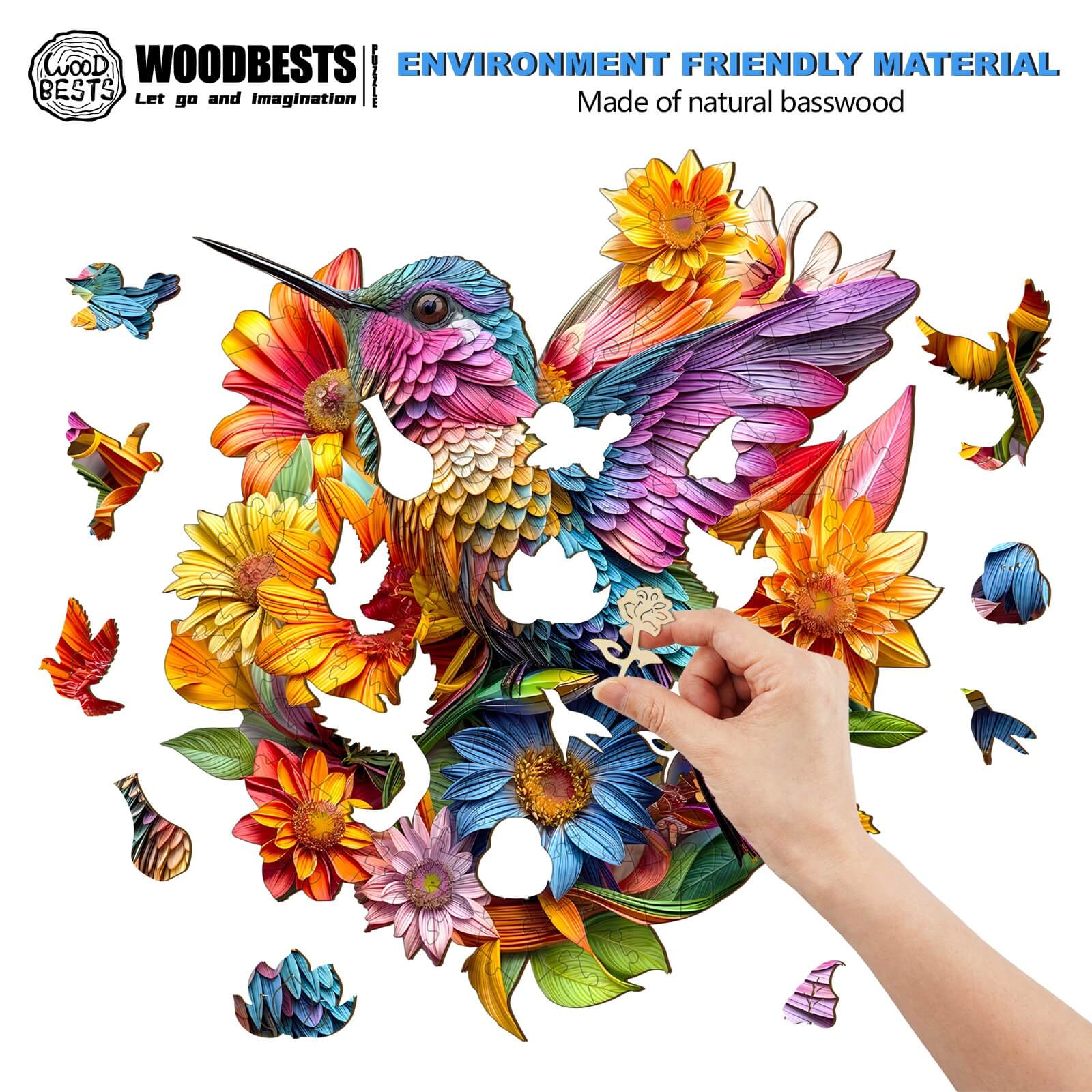 Hummingbird and Flowers Wooden Jigsaw Puzzle - Image 4