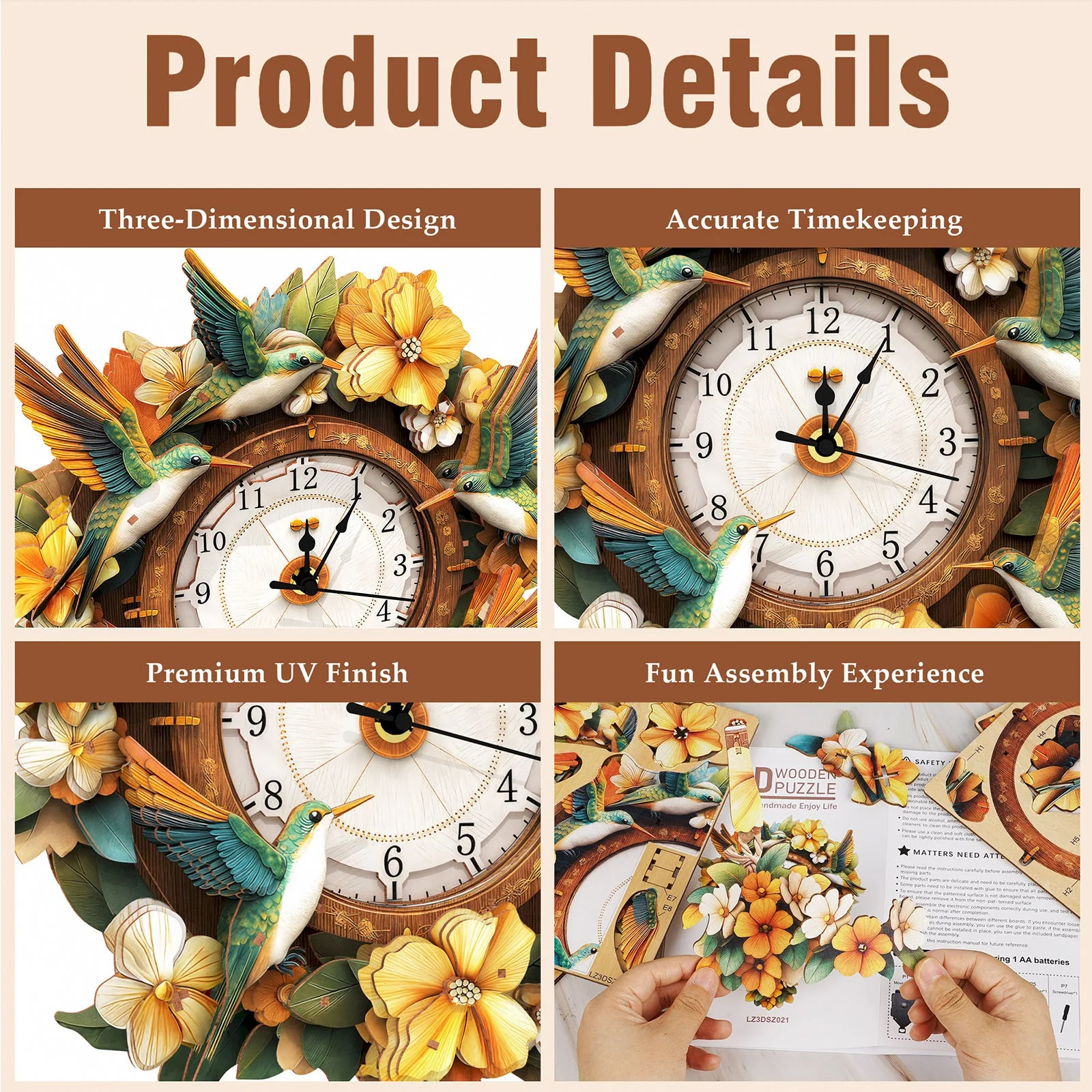 Hummingbird– DIY Wooden Clock, 3D Puzzle Craft Kit - Image 3