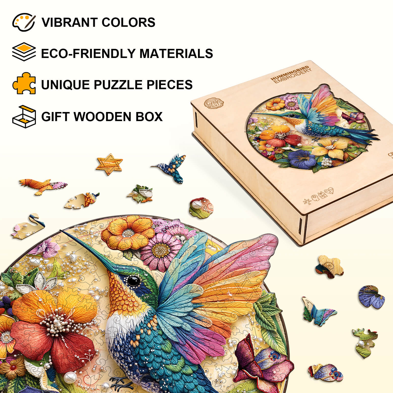 Hummingbird embroidery Wooden Jigsaw Puzzle - Image 5
