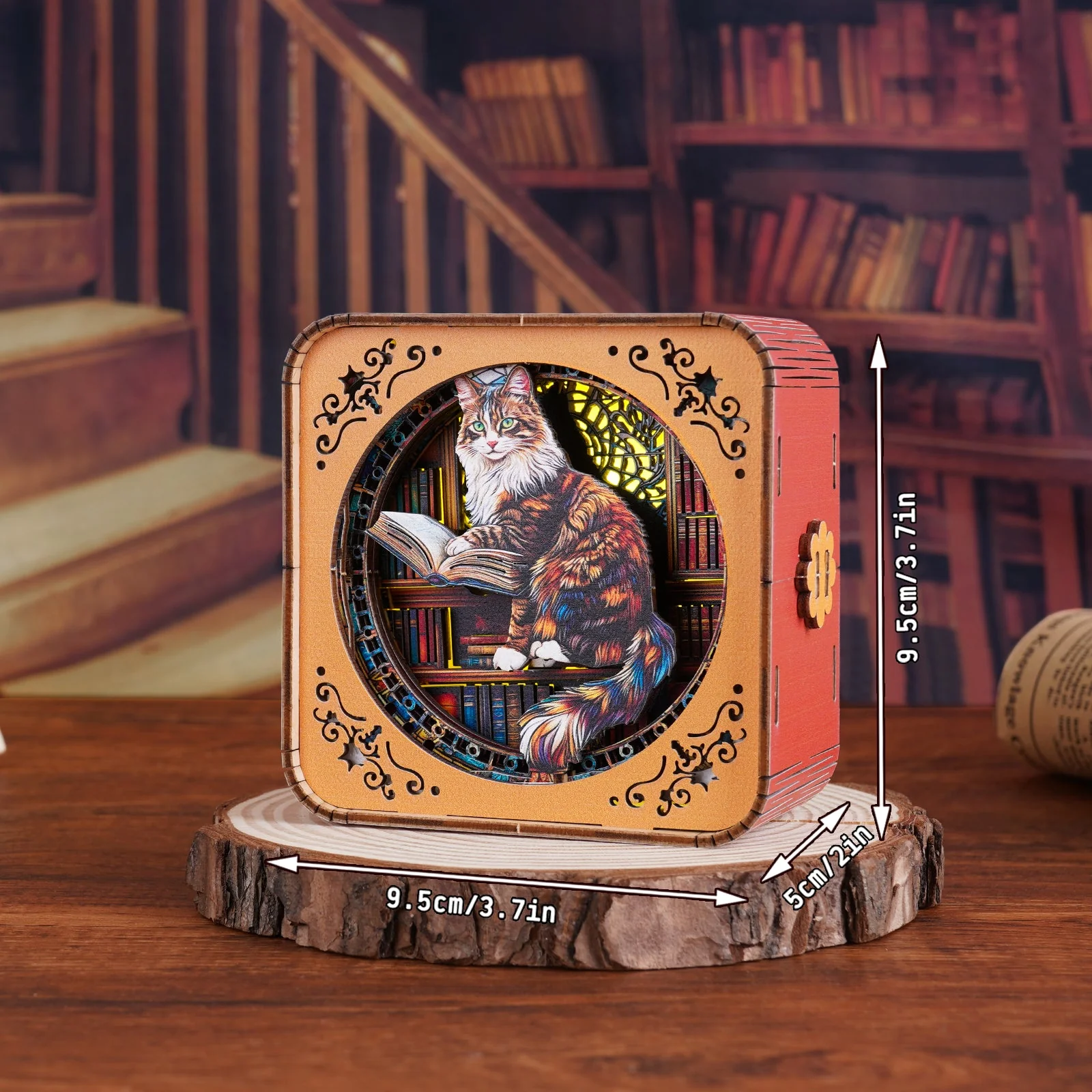 Maine Coon in the Library Kit - 3D Wooden Puzzle Night Light - Image 2