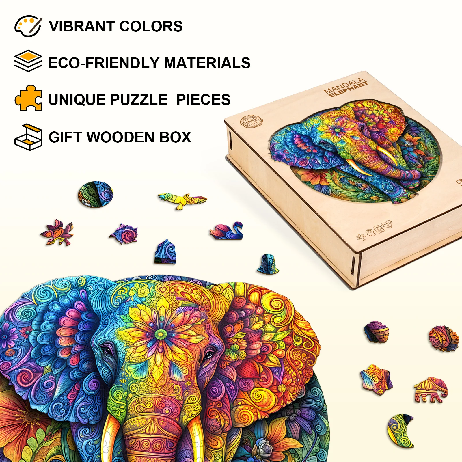 Mandala Elephant Wooden Jigsaw Puzzle - Image 4