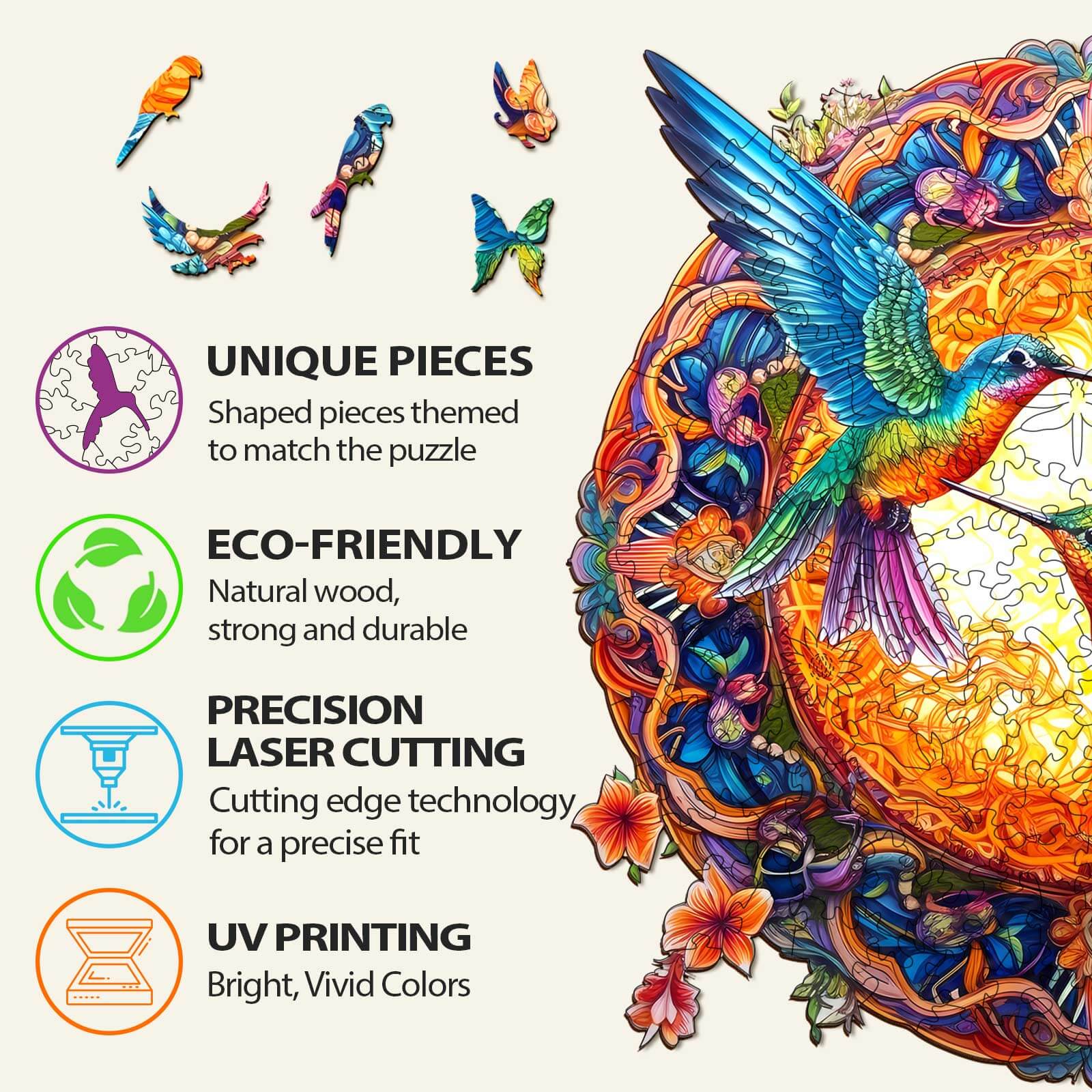 Mandala & Hummingbirds Wooden Jigsaw Puzzle - Image 3