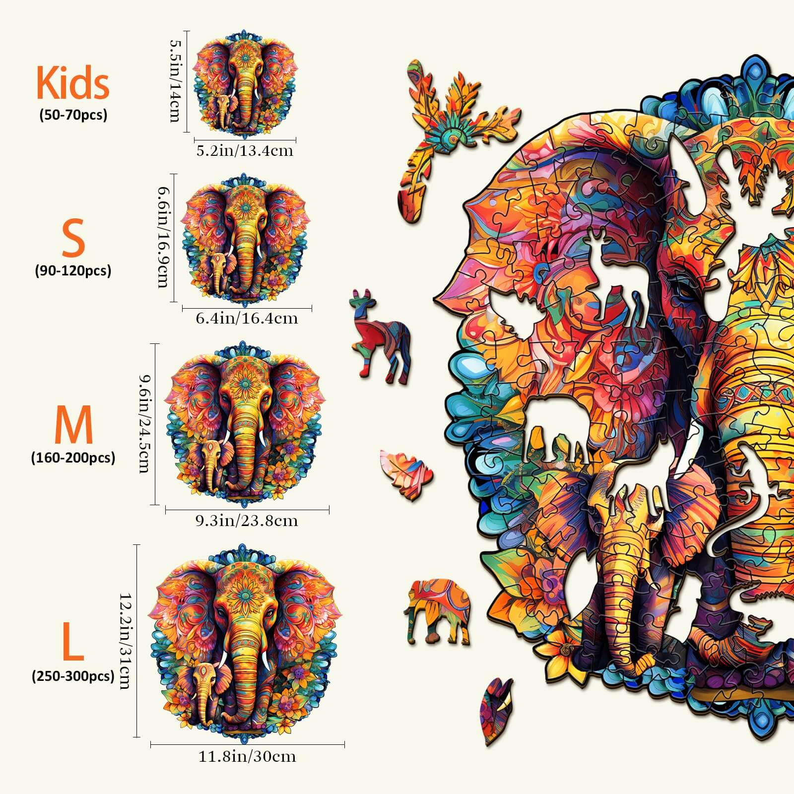 Mandala Parent-Child Elephant Wooden Jigsaw Puzzle - Image 3