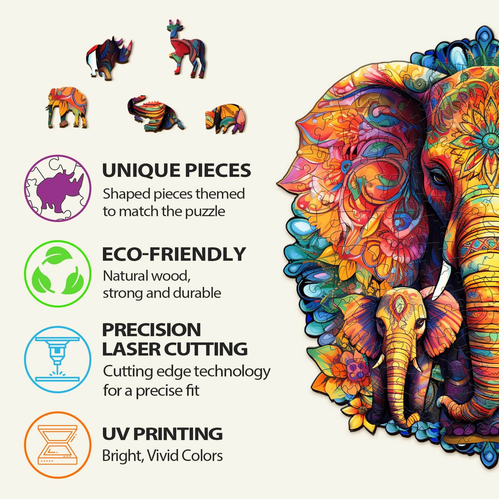Mandala Parent-Child Elephant Wooden Jigsaw Puzzle - Image 4