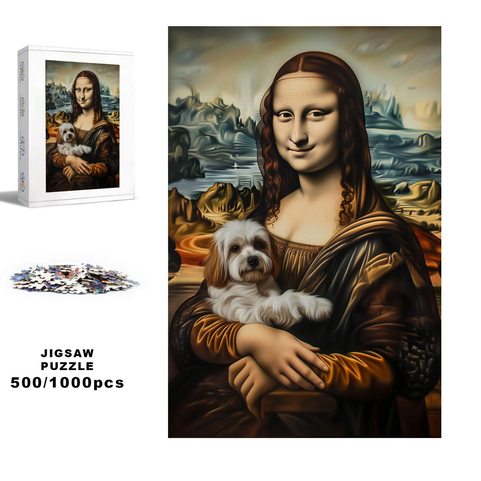 Mona Lisa and Puppy 500 / 1000 Piece Puzzle - Image 2