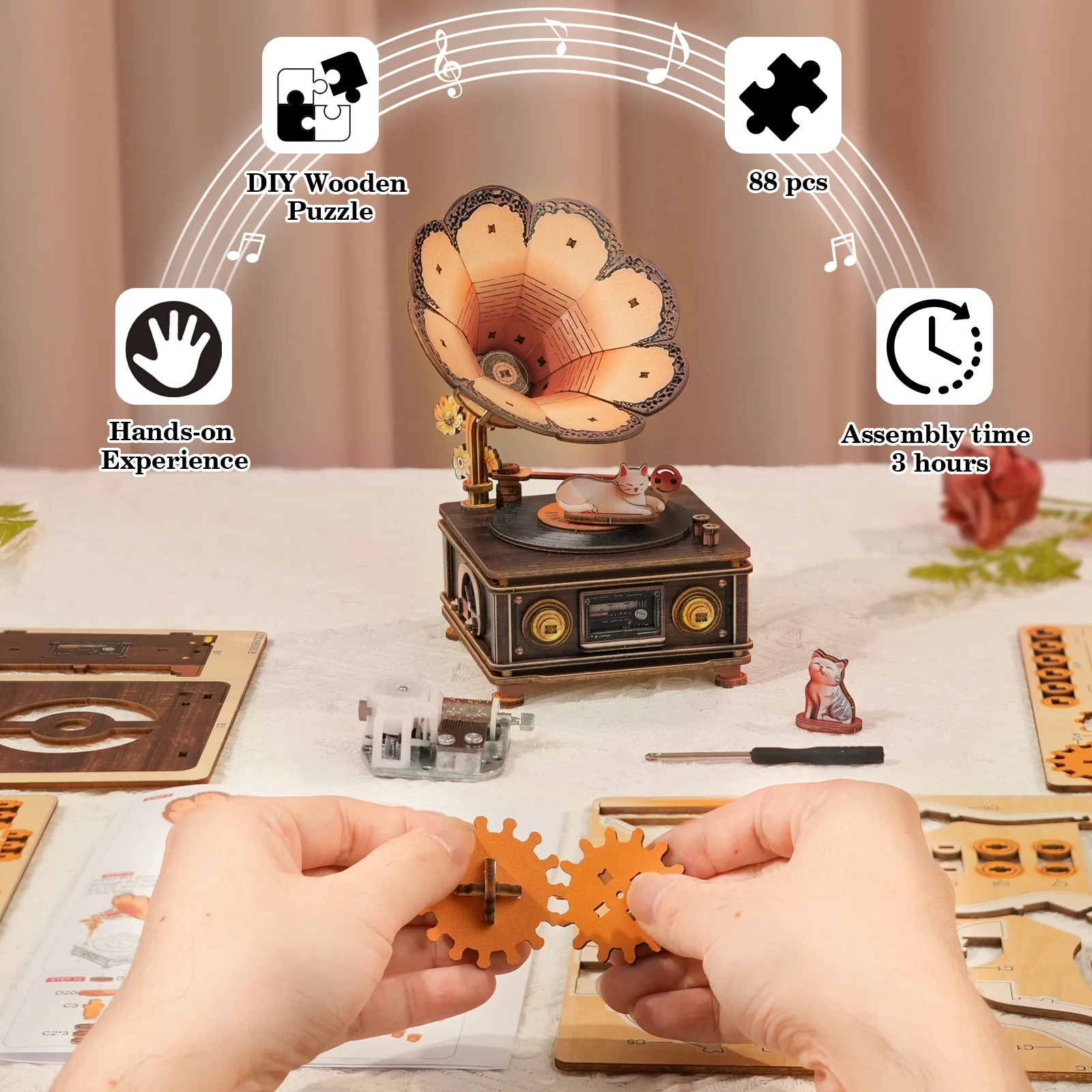 Nostalgic Cats – DIY Wooden Music Box, 3D Puzzle Craft Kit - Image 3