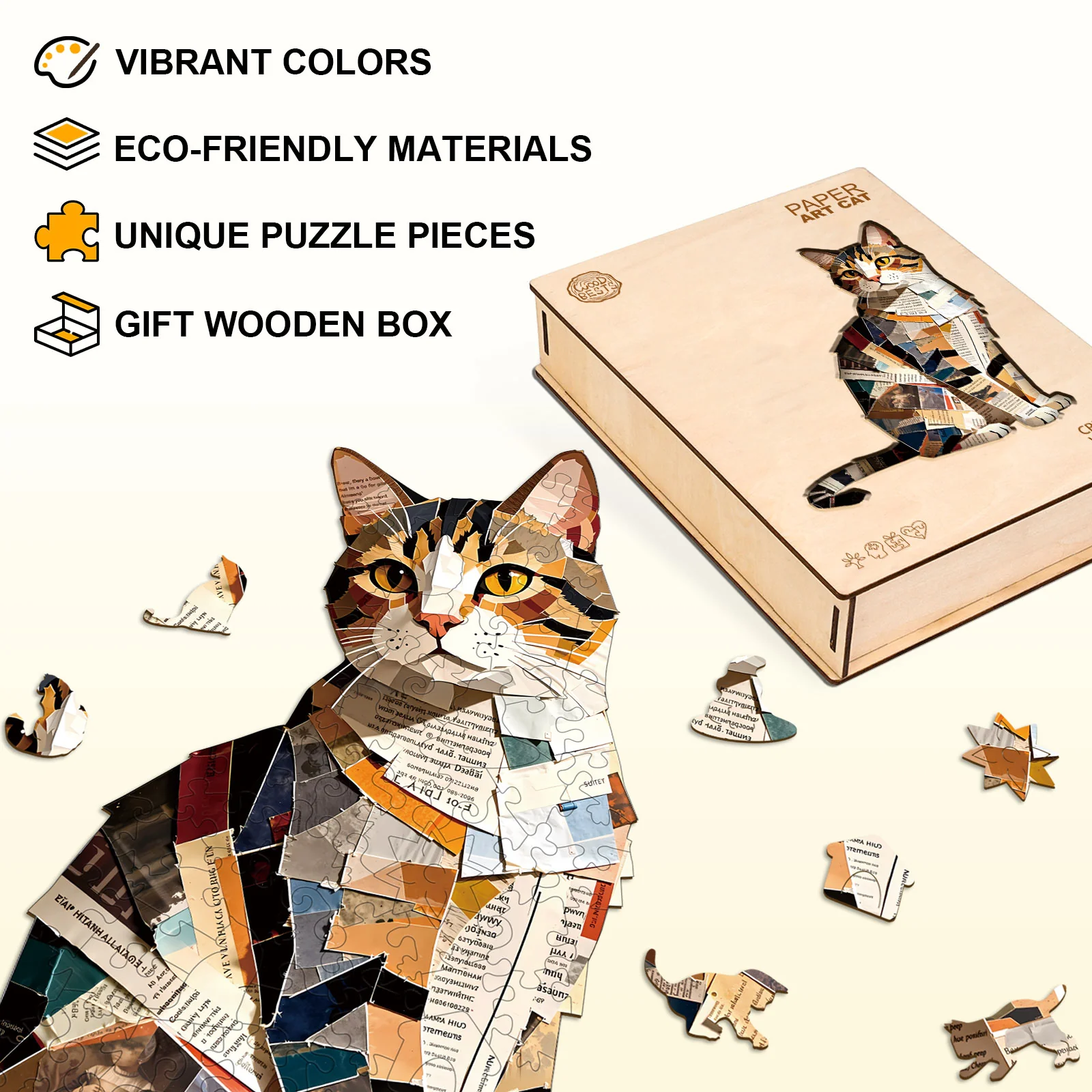 Paper Art Cat Wooden Jigsaw Puzzle - Image 3