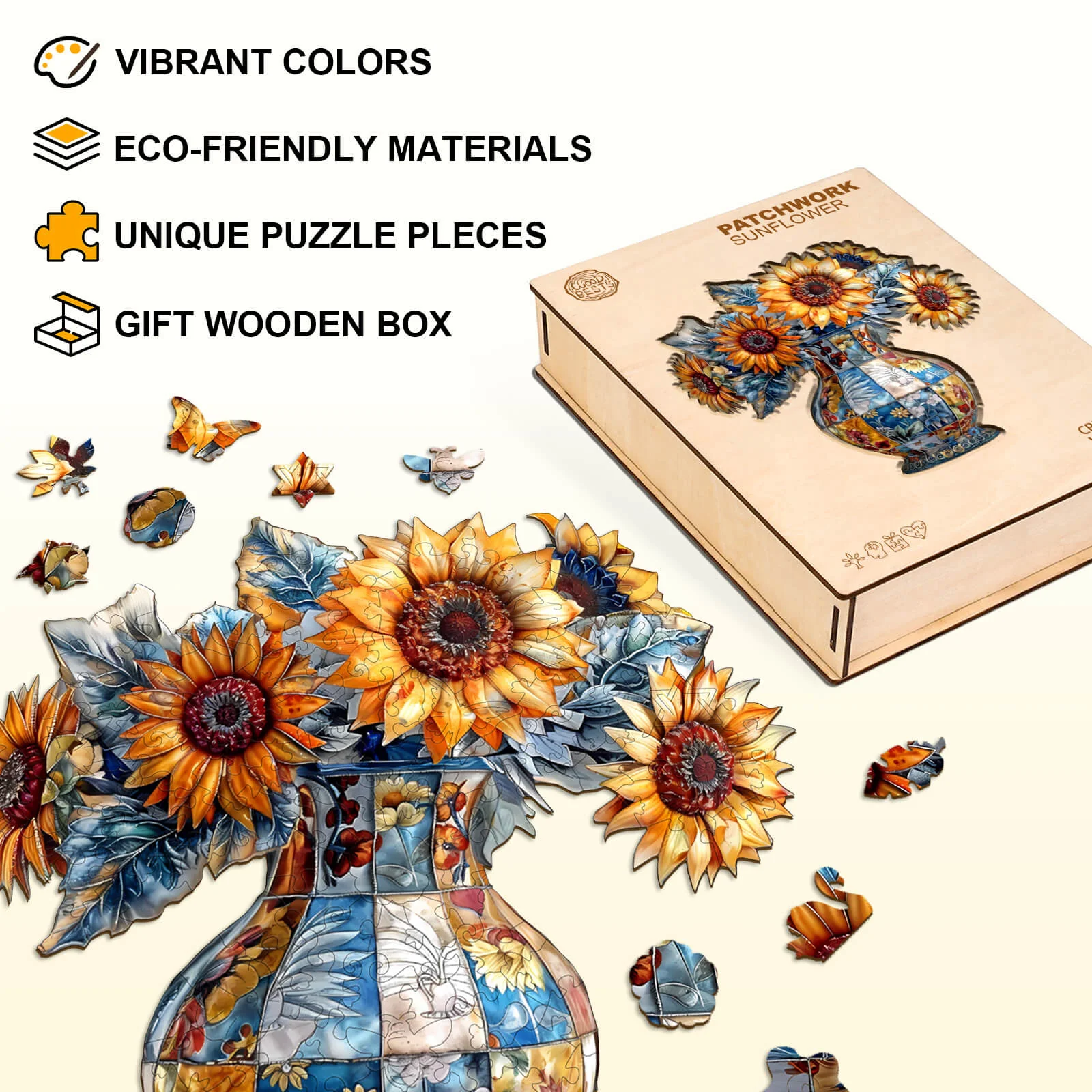 patchwork sunflower Wooden Jigsaw Puzzle - Image 5