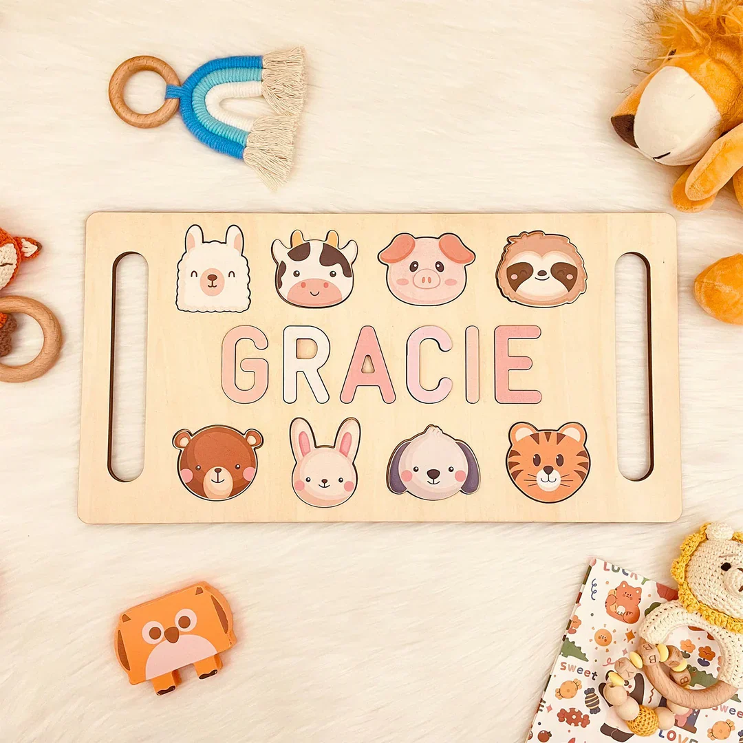 Personalised Wooden Baby Name Puzzle with Handle - Image 2