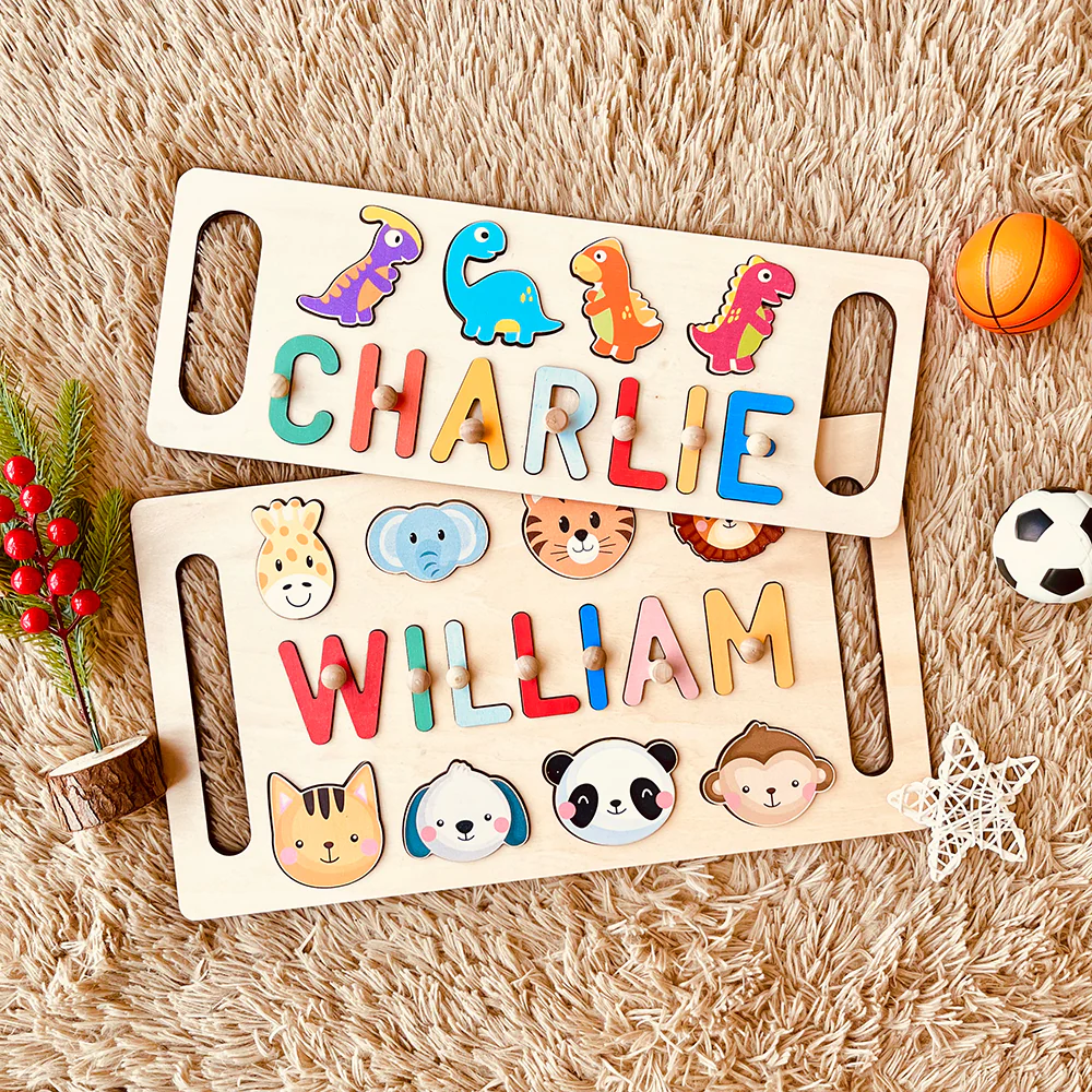 Personalised Wooden Baby Name Puzzle with Handle - Image 3