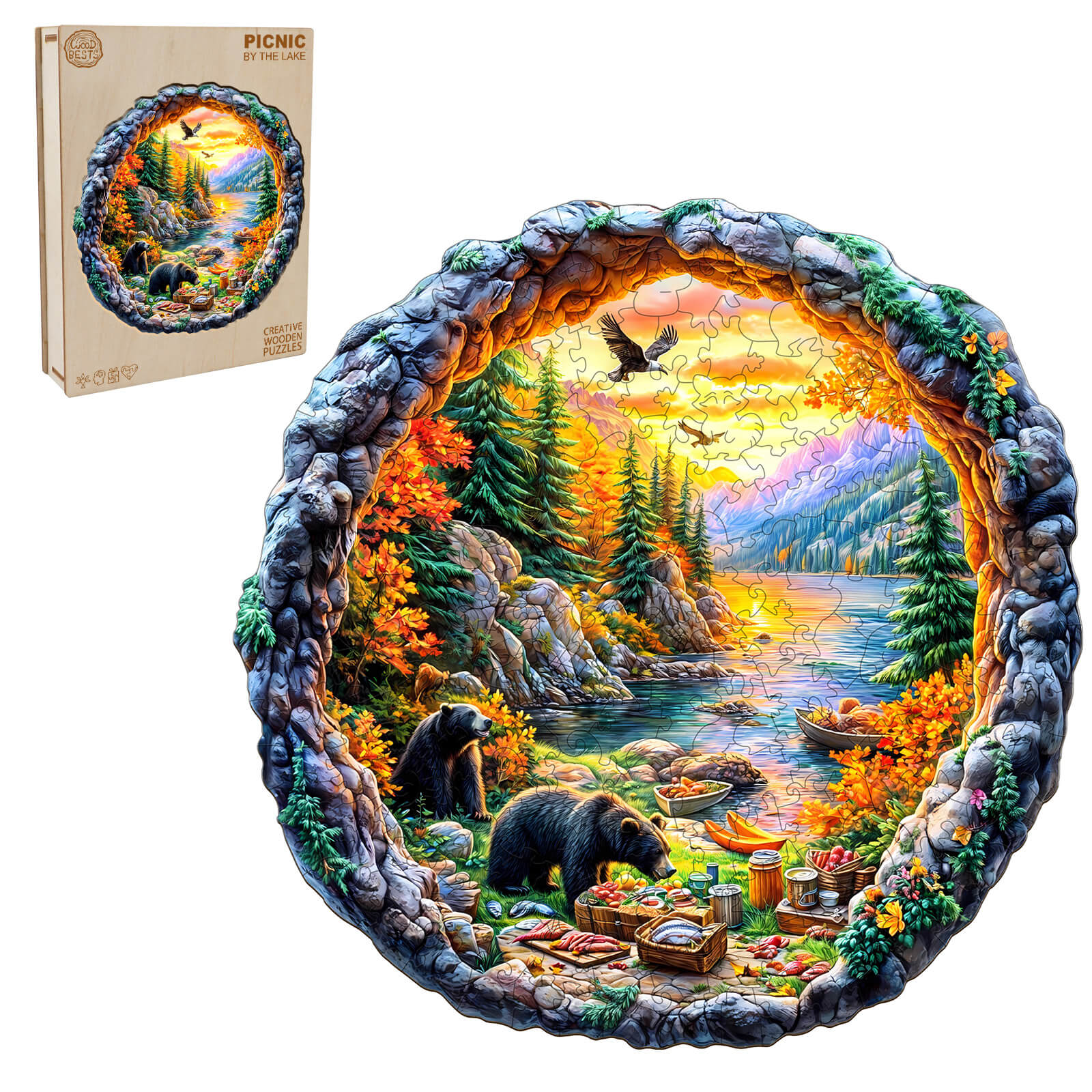 3D Picnic by the lake Wooden Jigsaw Puzzle - Image 4
