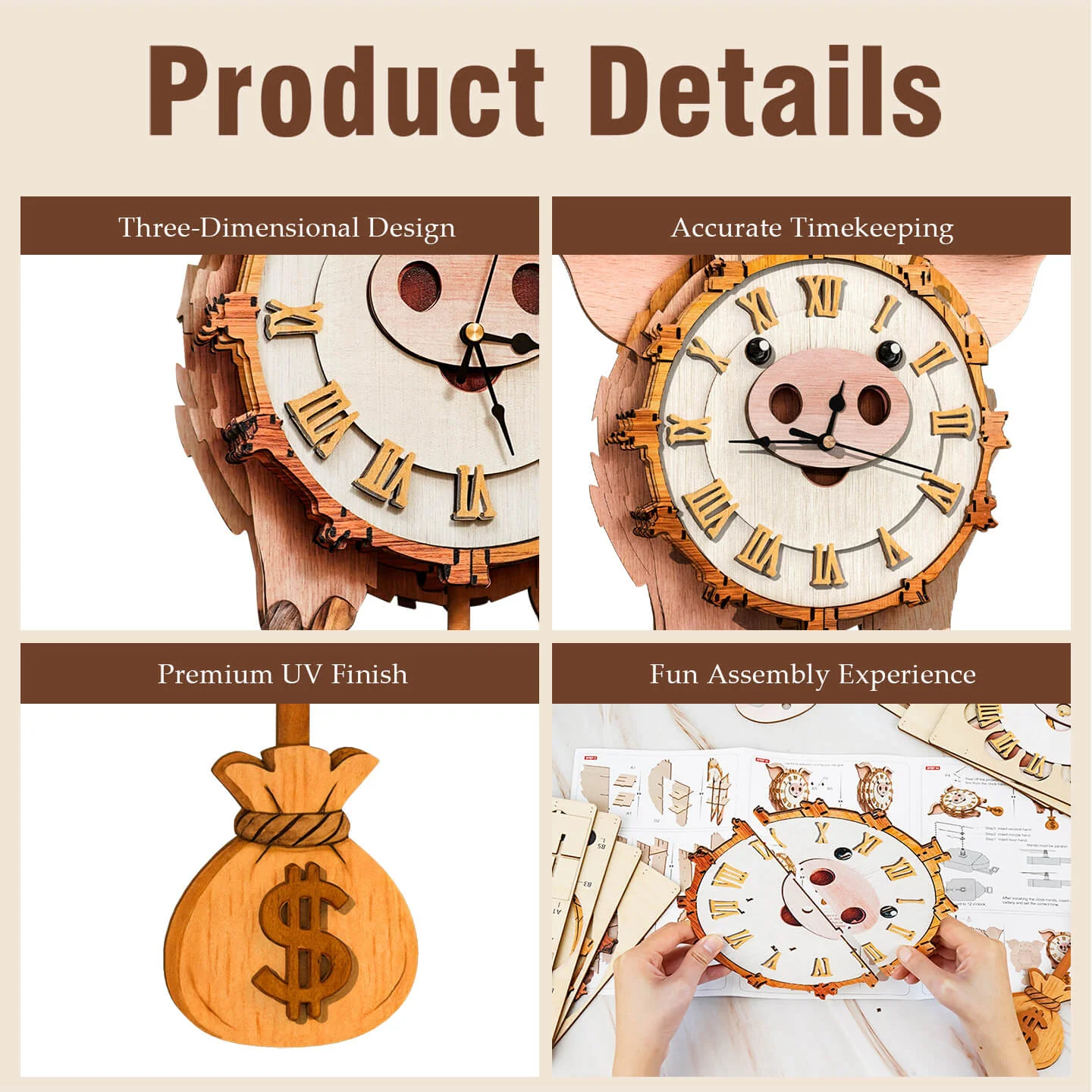 Pig – DIY Wooden Clock, 3D Puzzle Craft Kit - Image 3