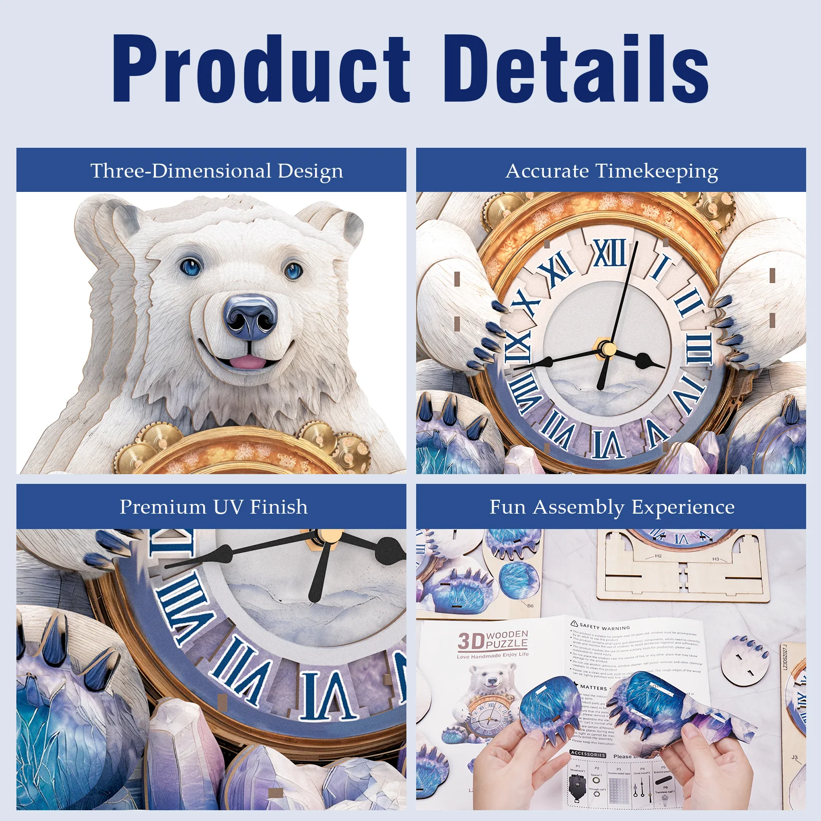 Polar bears– DIY Wooden Clock, 3D Puzzle Craft Kit - Image 2