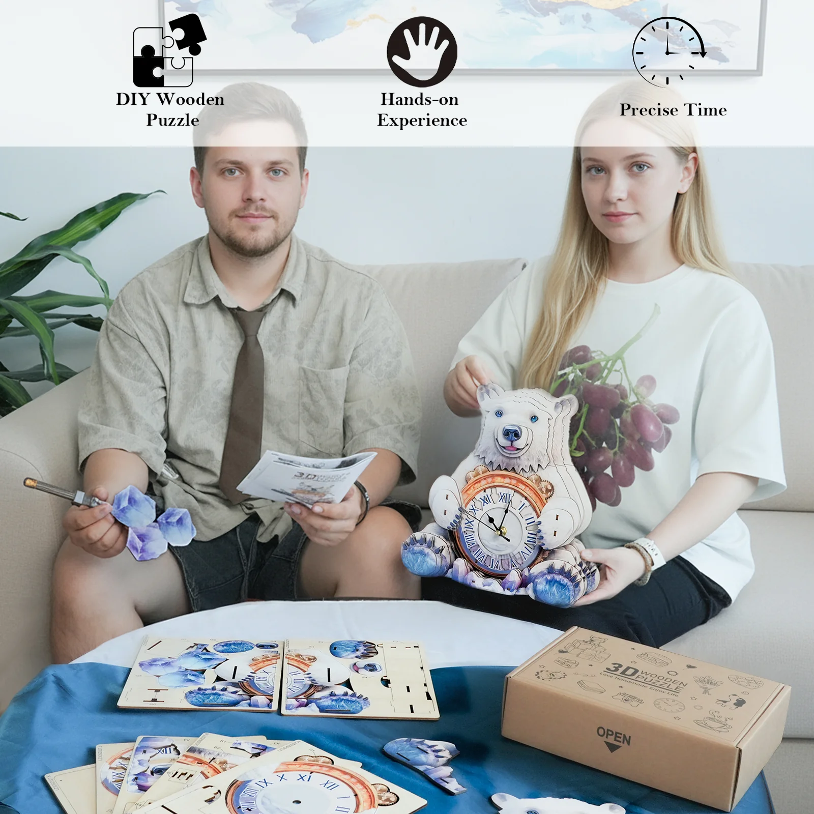 Polar bears– DIY Wooden Clock, 3D Puzzle Craft Kit - Image 6