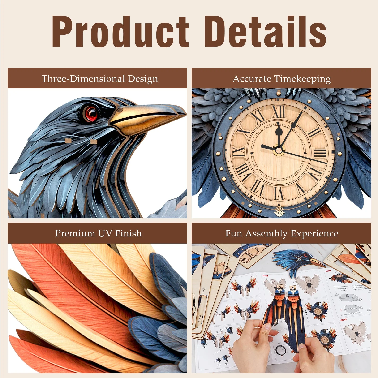 Raven– DIY Wooden Clock, 3D Puzzle Craft Kit - Image 3