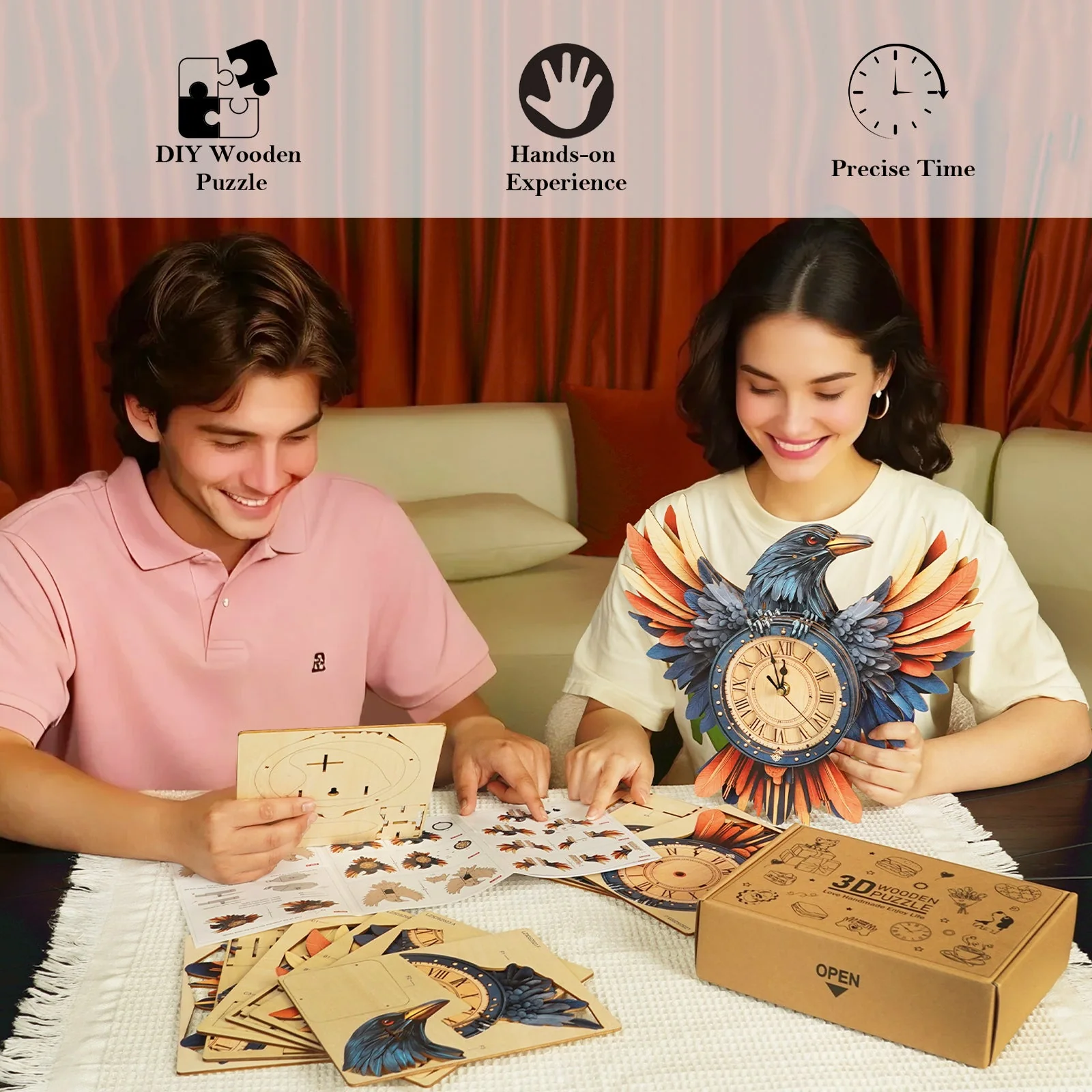 Raven– DIY Wooden Clock, 3D Puzzle Craft Kit - Image 6