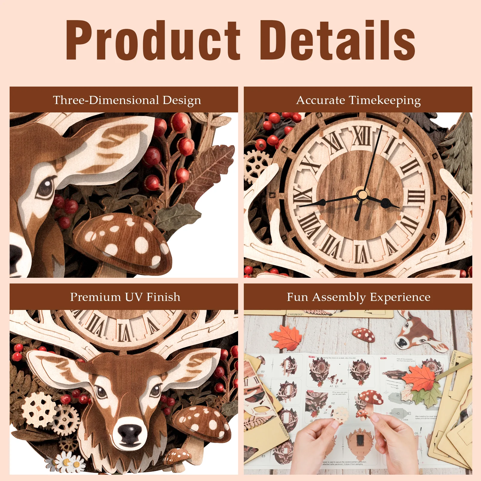 Reindeer– DIY Wooden Clock, 3D Puzzle Craft Kit - Image 2