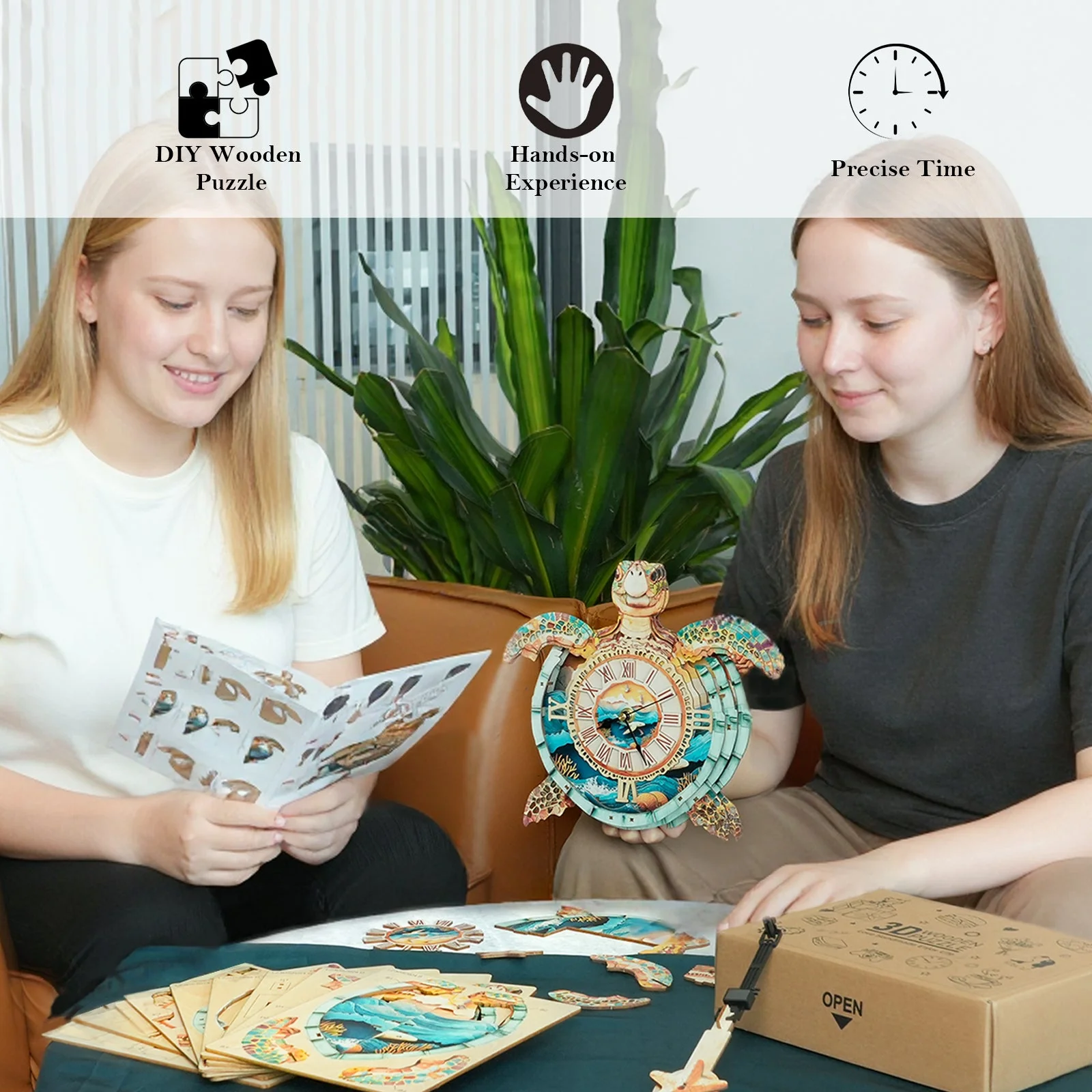Sea turtles-DIY Wooden Clock, 3D Puzzle Craft Kit - Image 6
