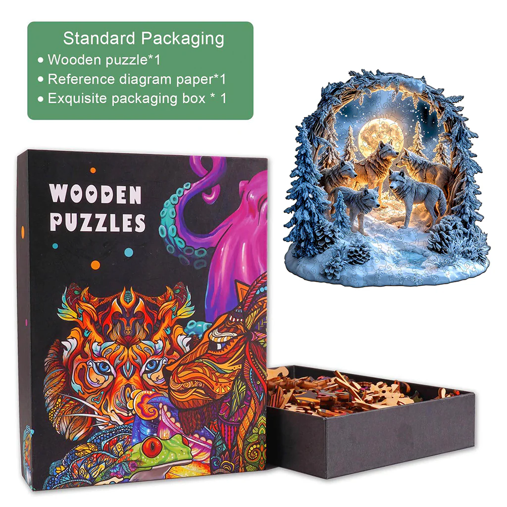 Snowy Night Wolf Pack Wooden Jigsaw Puzzle - Image 6