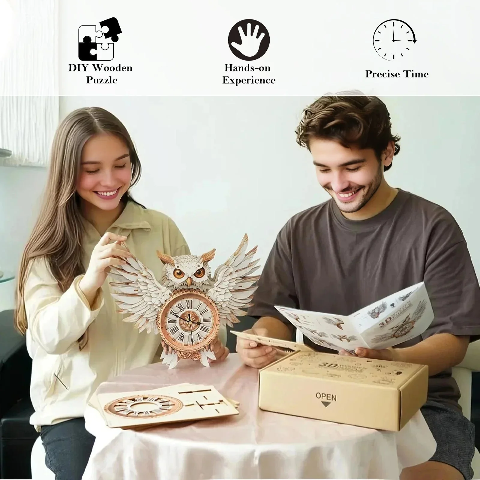 Snowy Owl– DIY Wooden Clock, 3D Puzzle Craft Kit - Image 6