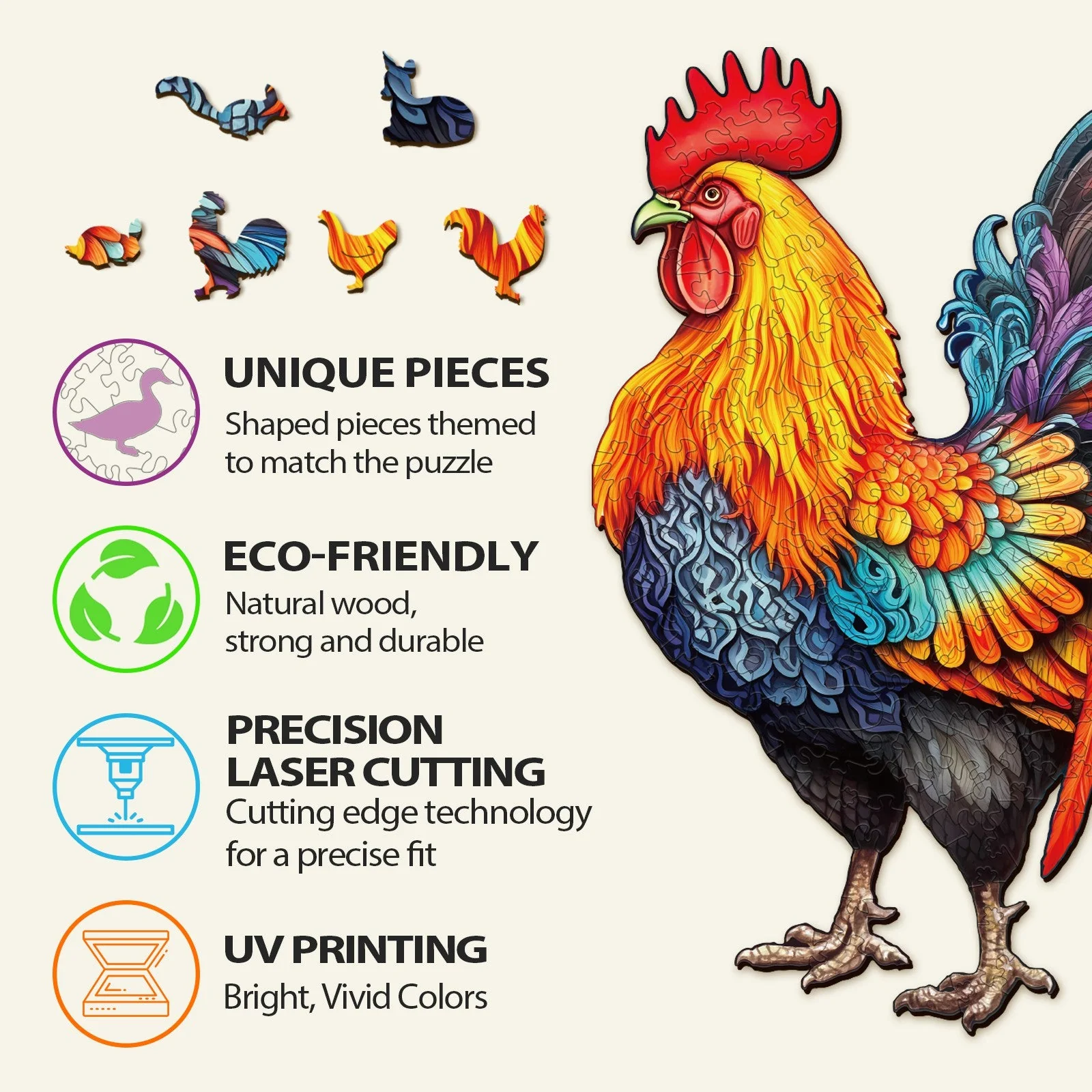 Spirited Rooster 2 Wooden Jigsaw Puzzle - Image 5