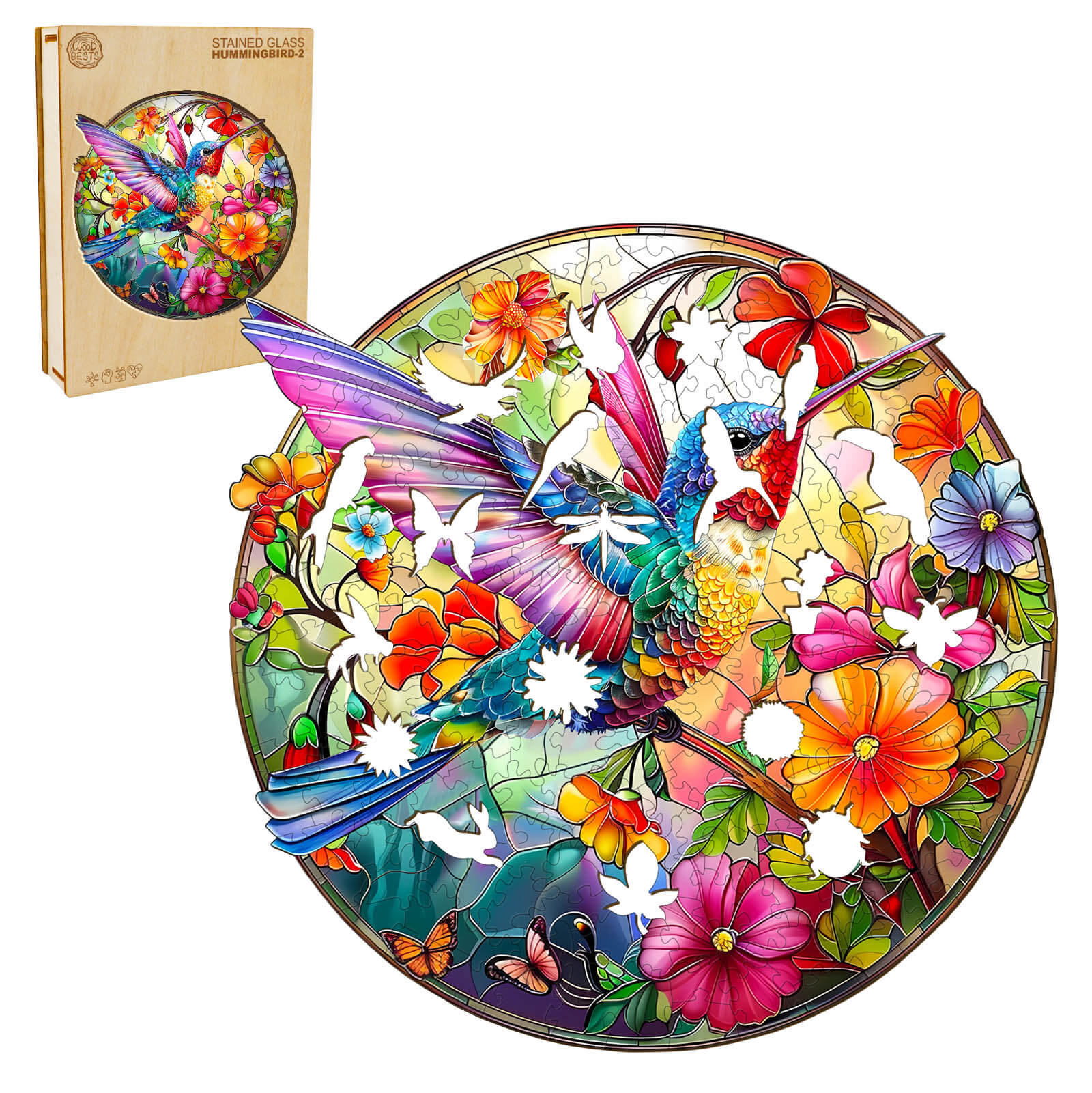 Stained Glass Hummingbird-2 Wooden Jigsaw Puzzle - Image 3