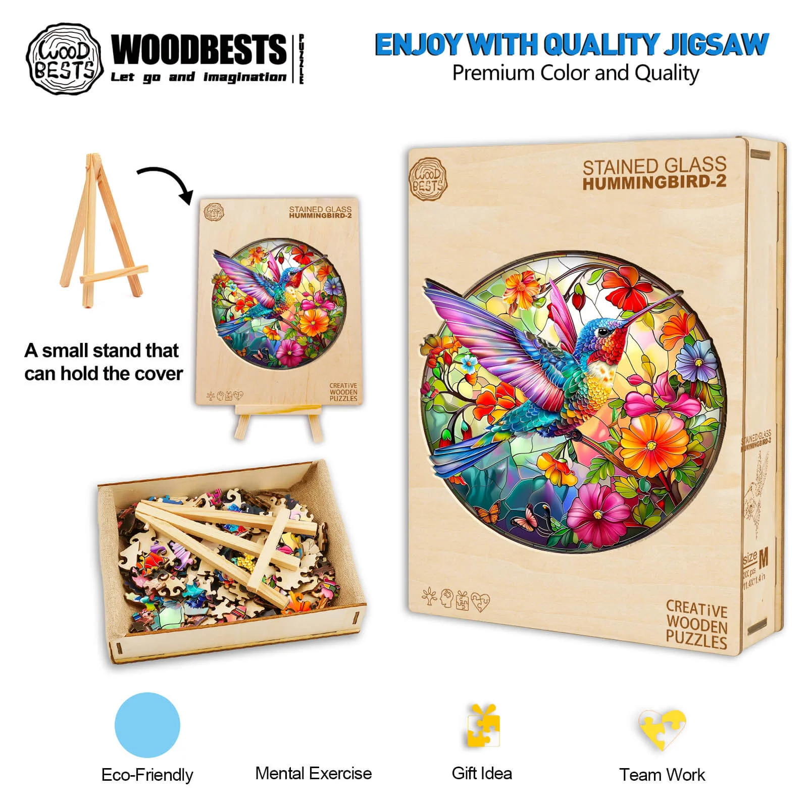 Stained Glass Hummingbird-2 Wooden Jigsaw Puzzle - Image 5