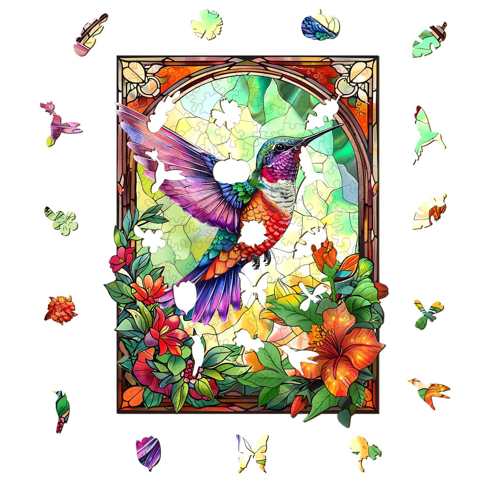 Stained Glass Hummingbird-3 Wooden Jigsaw Puzzle - Image 2
